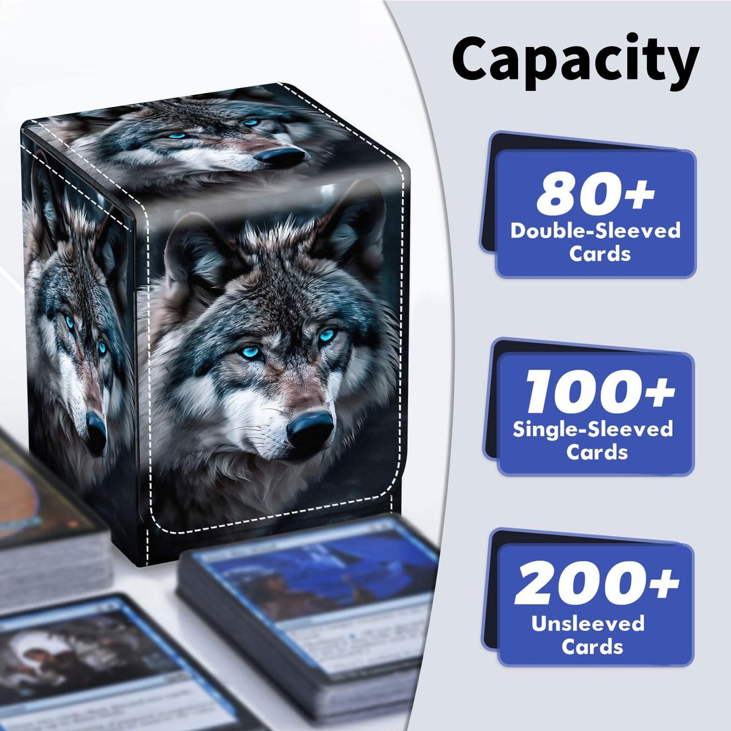 Qindaiwen Card Deck Box for Trading Cards, MTG Deck Box Fits 100+ Single Sleeved Cards, PU Leather Strong Magnet Card Deck Case Holder for Magic Commander TCG CCG, Wolf's Gaze