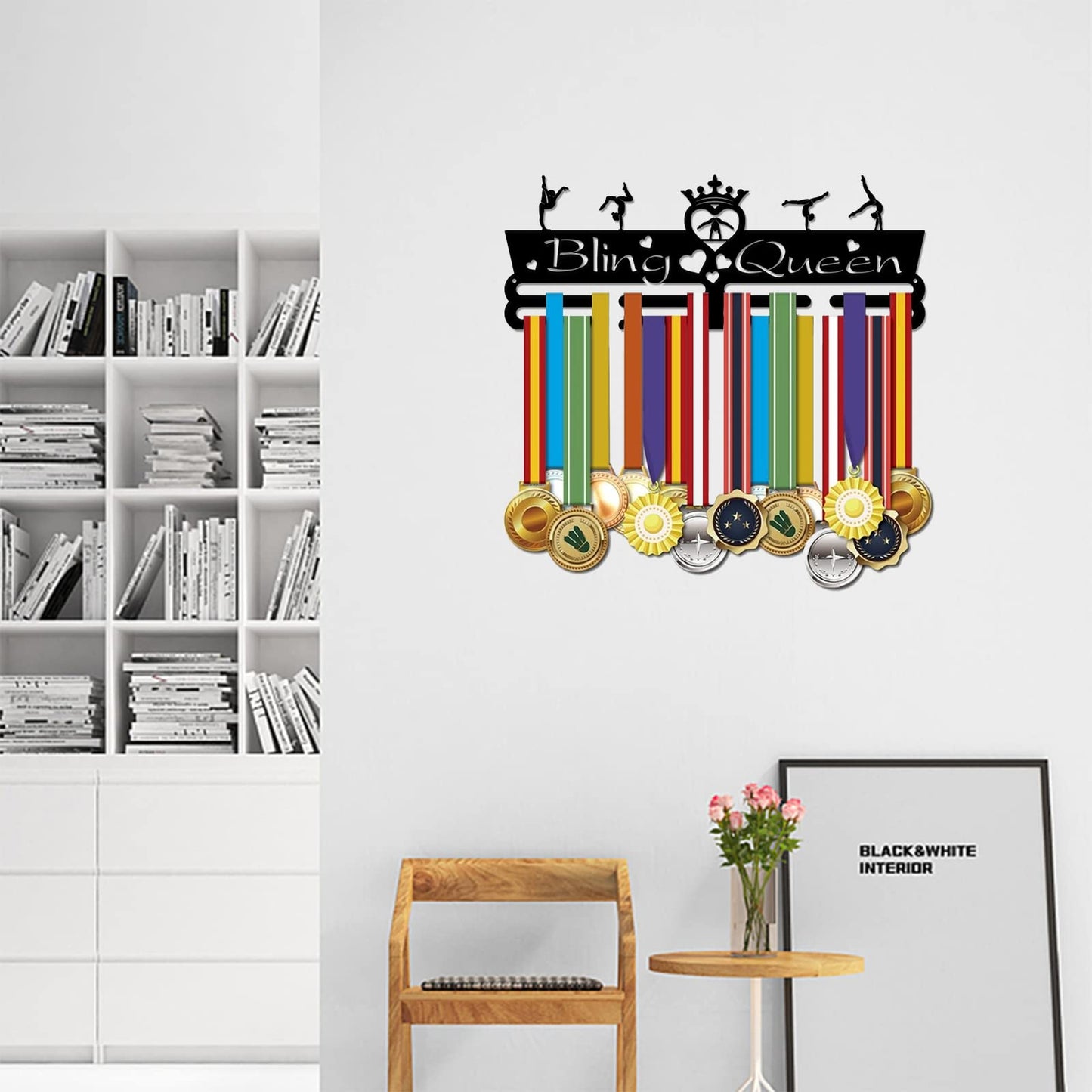 SUPERDANT Medal Holder Gymnastics Medals Display Motivating Word Bling Queen Black Iron Wall Mounted Hooks for Competition Medal Holder Display Wall Hanging