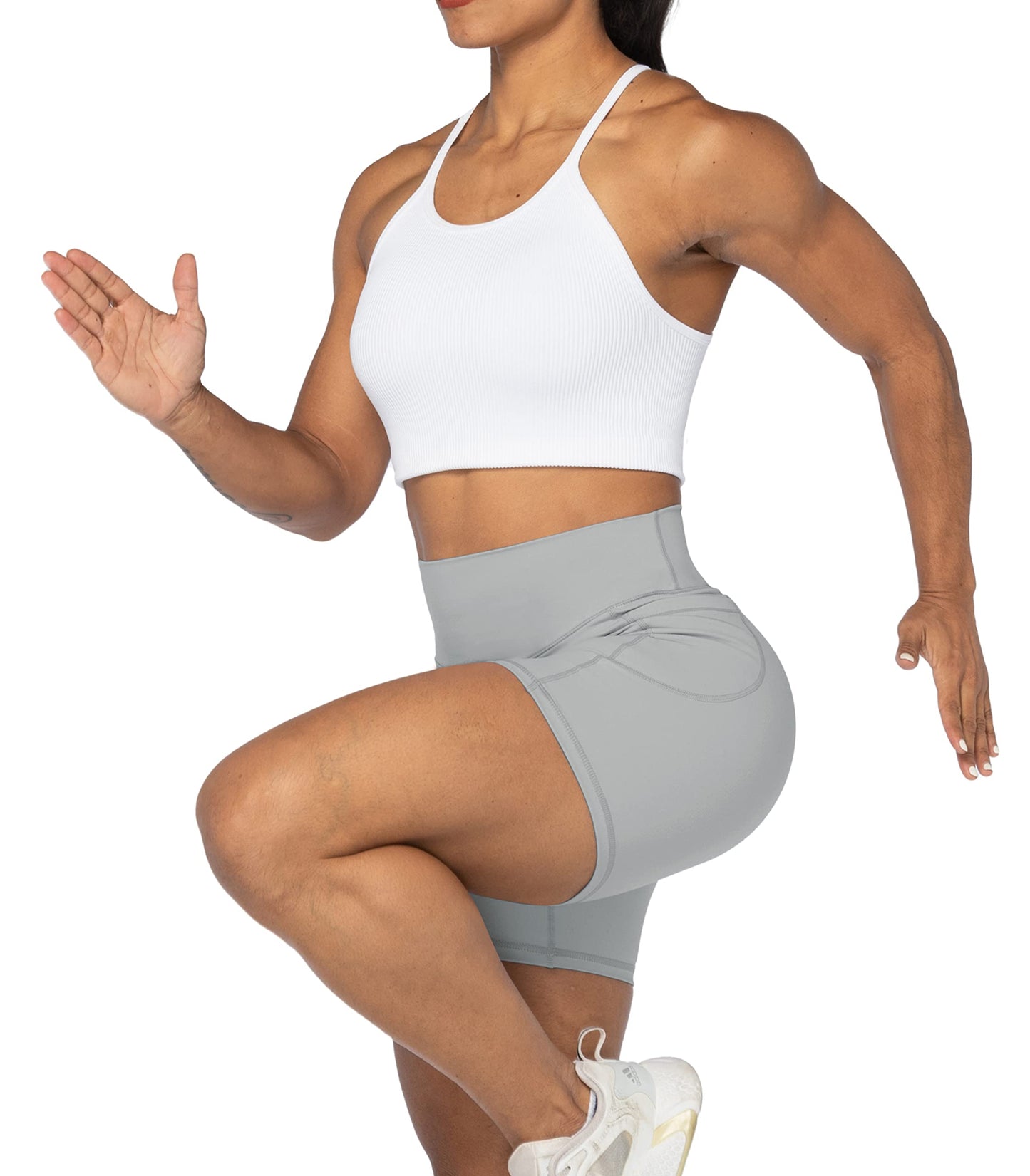 Sunzel No Front Seam Biker Shorts for Women with Pockets, Yoga Workout Gym Bike Shorts with Tummy Control 5" Grey X-Small