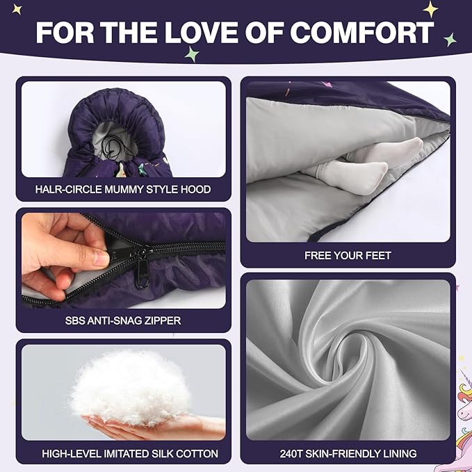 Sleeping Bag for Kids Girls Boys, Warm Weather Sleeping Mat with Pillow for Camping Backpacking Hiking Daycare School Travel, Ultralight, Durable, Water-Resistant, Easy Carry and Pack