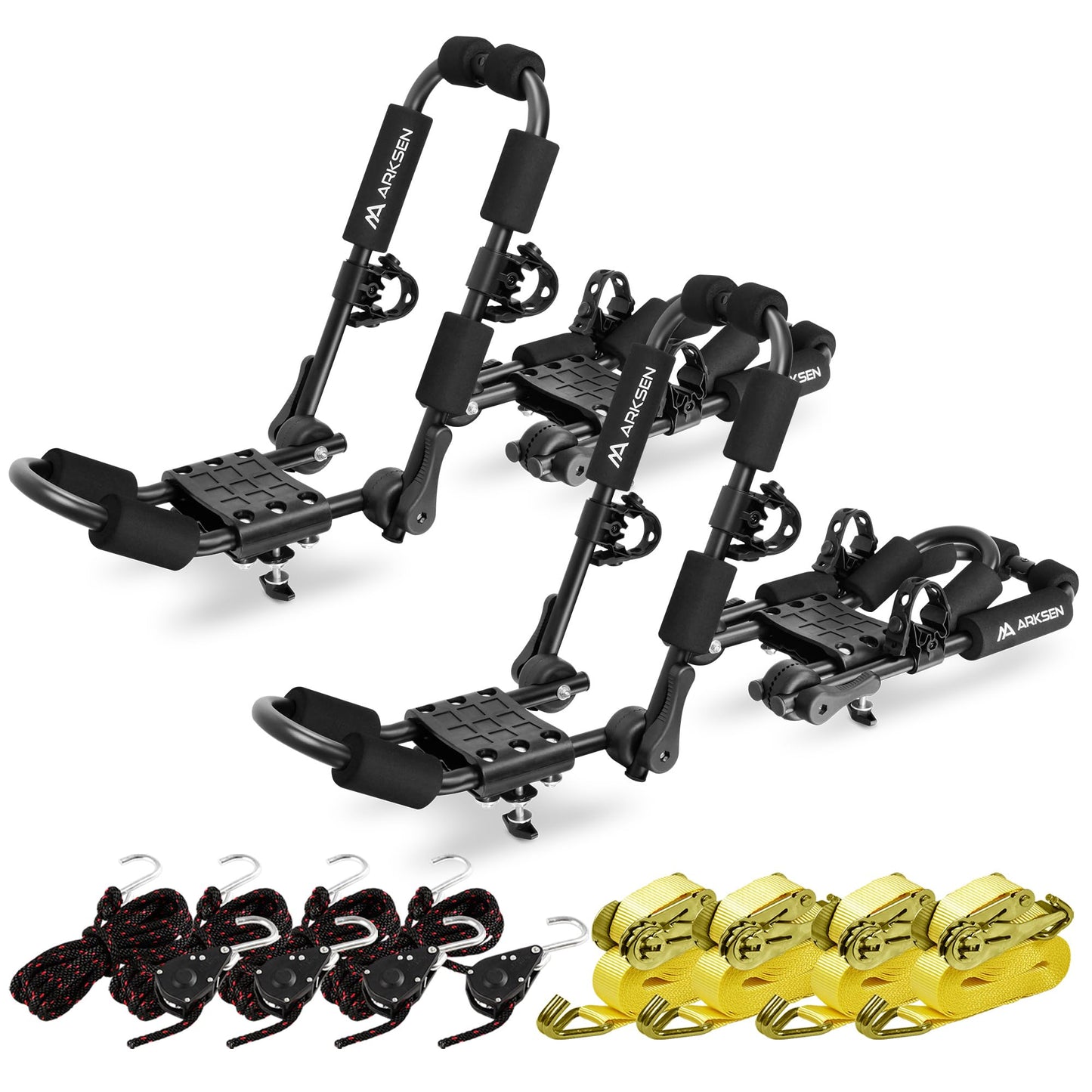 Arksen Universal 2 Pairs Heavy Duty Kayak Roof Rack J-Bar Easy to Carry Canoe Top Folding Adjustable Accessories for Car SUV Truck Crossbar with 4 pcs Top Mount Racks for Trip