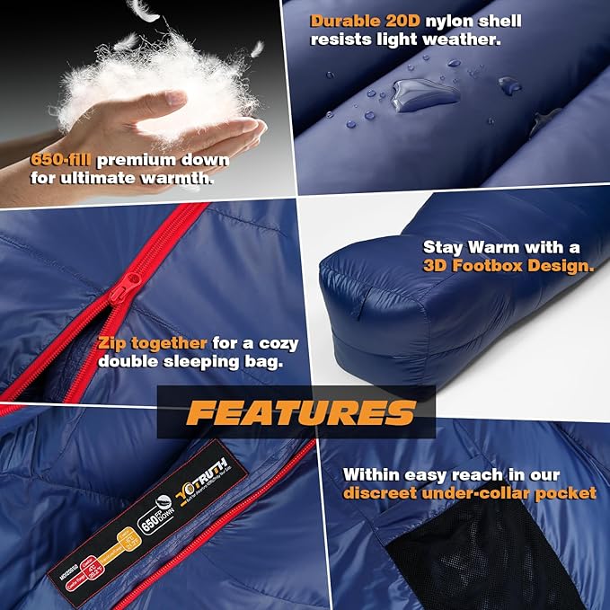 Lightweight Down Mummy Sleeping Bag with 650-FP Duck Down, Ideal for Camping and Backpacking, Durable Ripstop Nylon, Comfortable Footbox, 20°F, 2024