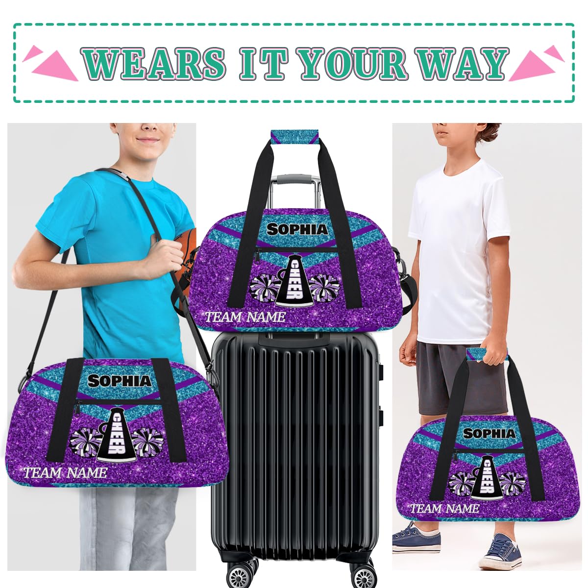 Voloreju Personalized Name Glitter Cheer Bags for Girls Boy Customize Travel Duffle Bag Foldable Sports Bag Kids Gym Bag
