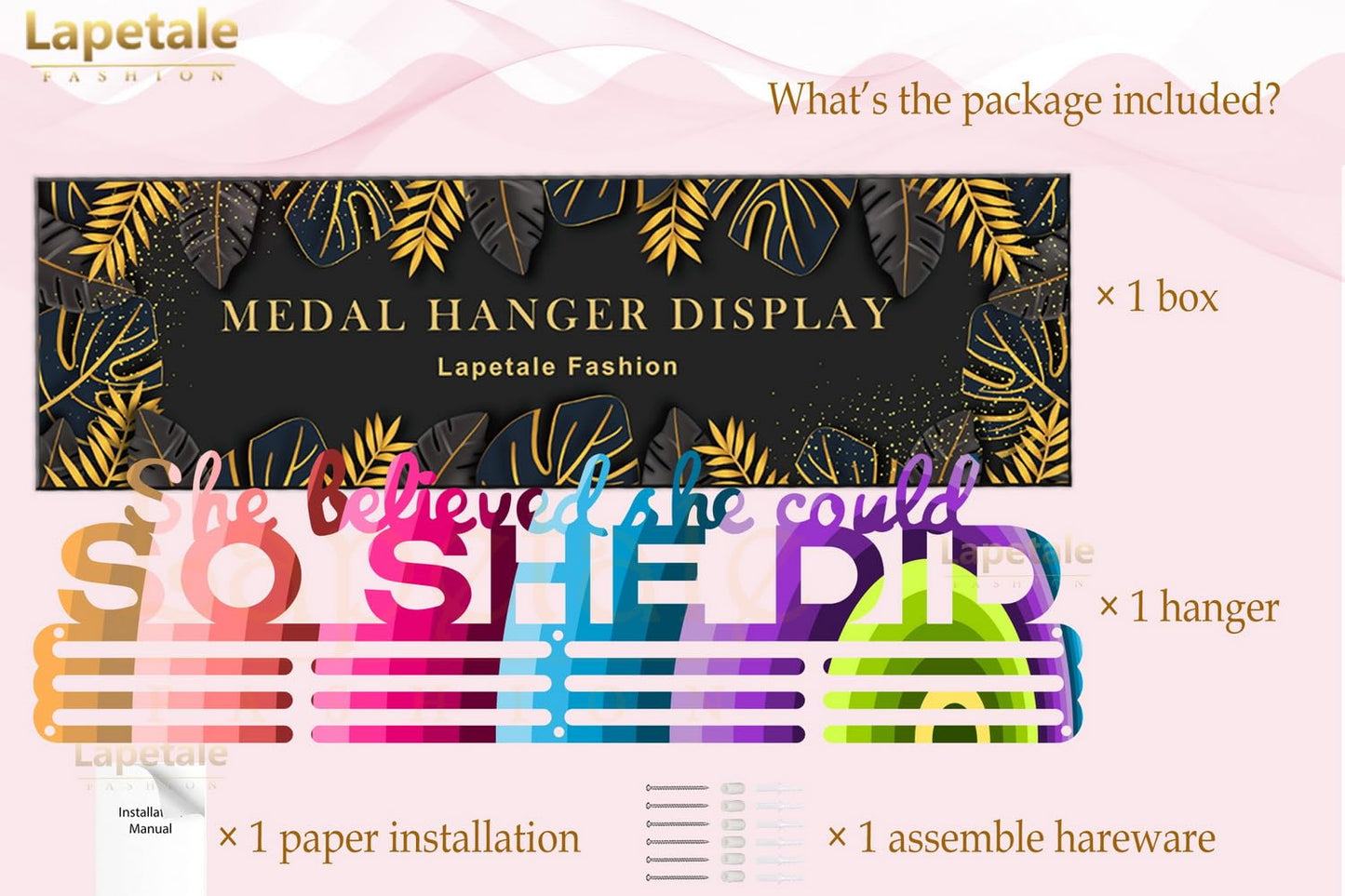 Lapetale Fashion Medal Hanger Holder Display Wall Rack Frame Shelf in 16" long-Medal Hanger Awards Ribbon Cheer,gymnastics,soccer,softball Holder Display Custom Rack for Sports Medals Easy to Install