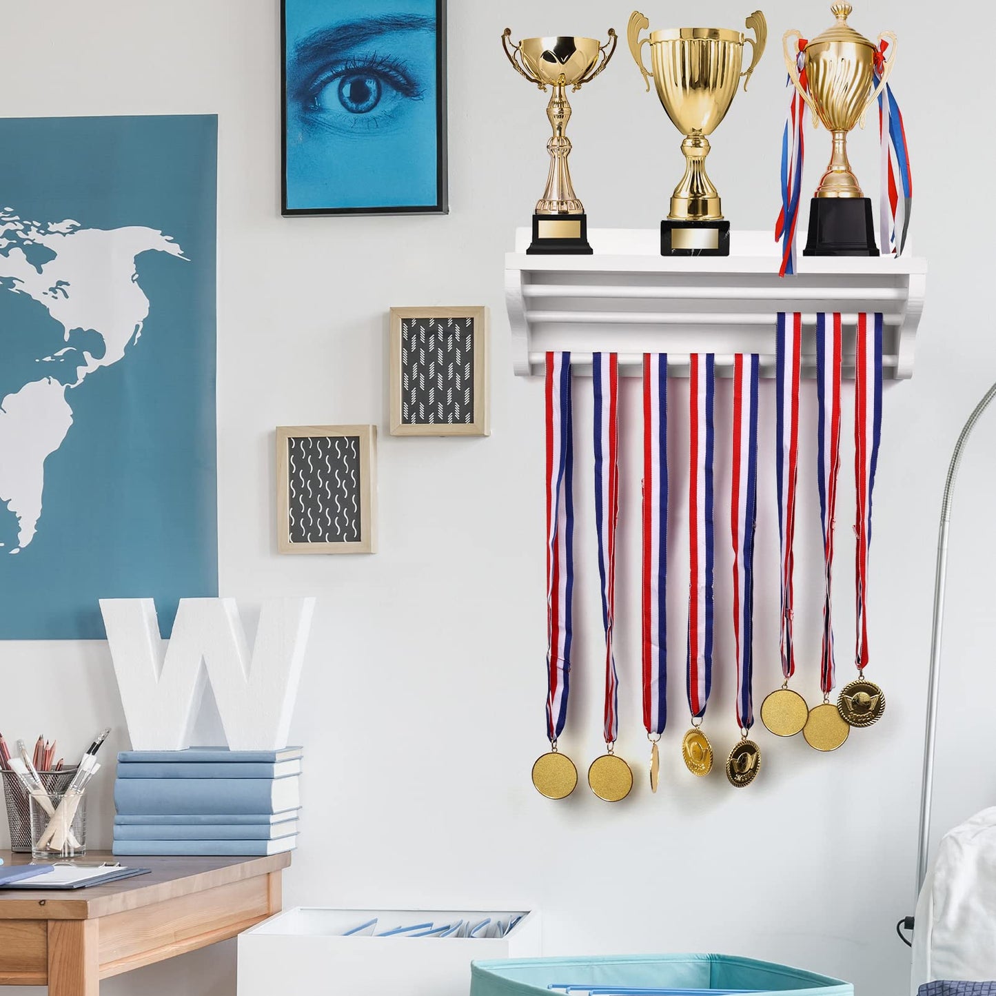 Pllieay Wooden Medal Hanger Display, Trophy Shelf, White Medal Hanger Display with Shelf, Medal Holder, Medal Rack, Race Medal Trophy Display Shelf for Showing Your Hard-Earned Achievements