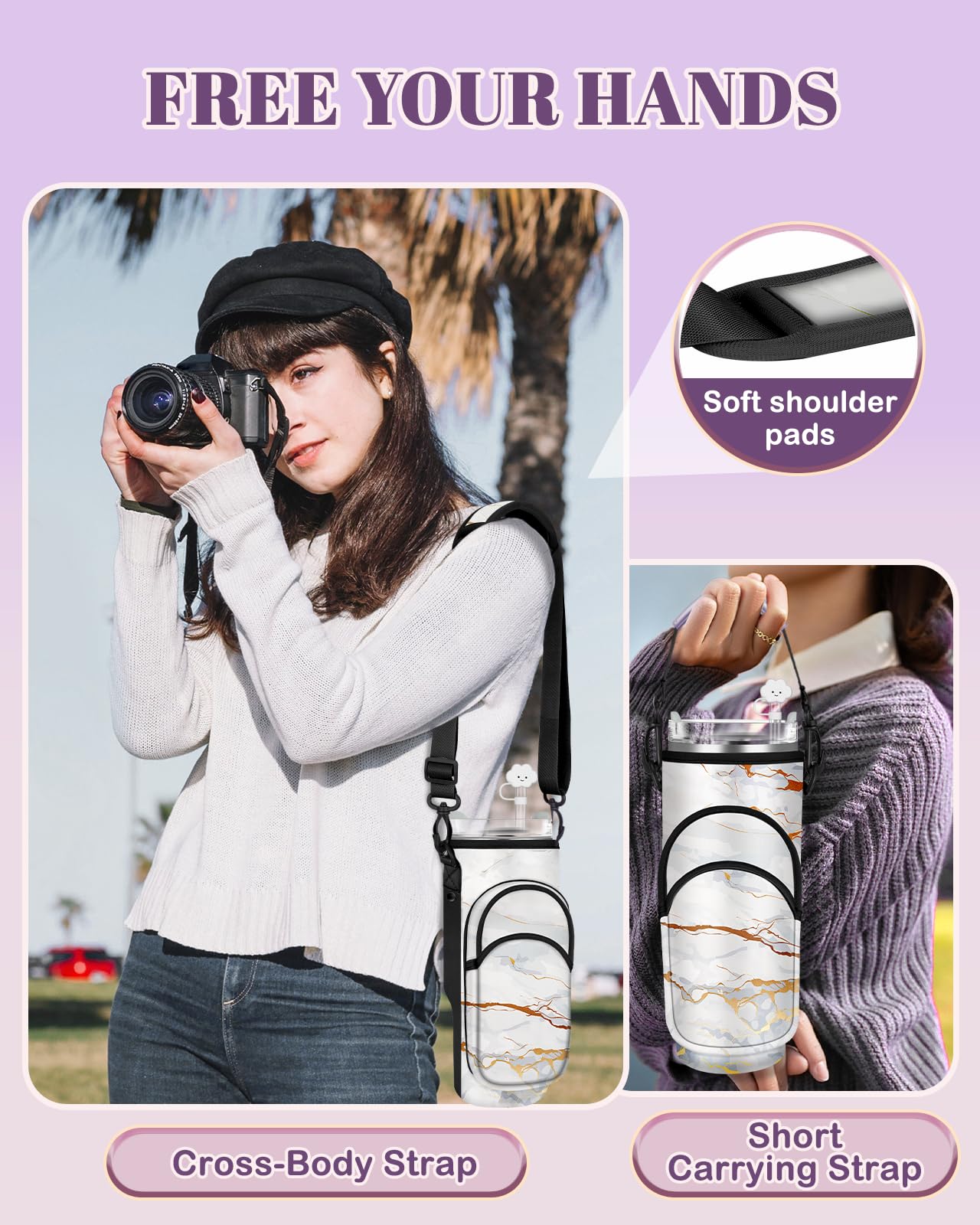 Toykee Water Bottle Holder Carrier Bag for Stanley 40 OZ Tumbler with Strap Phone Pocket, White Wrap Around Drink Cup Purse Pouch with Straw Cover Cleaner Brush Accessories Marble Print