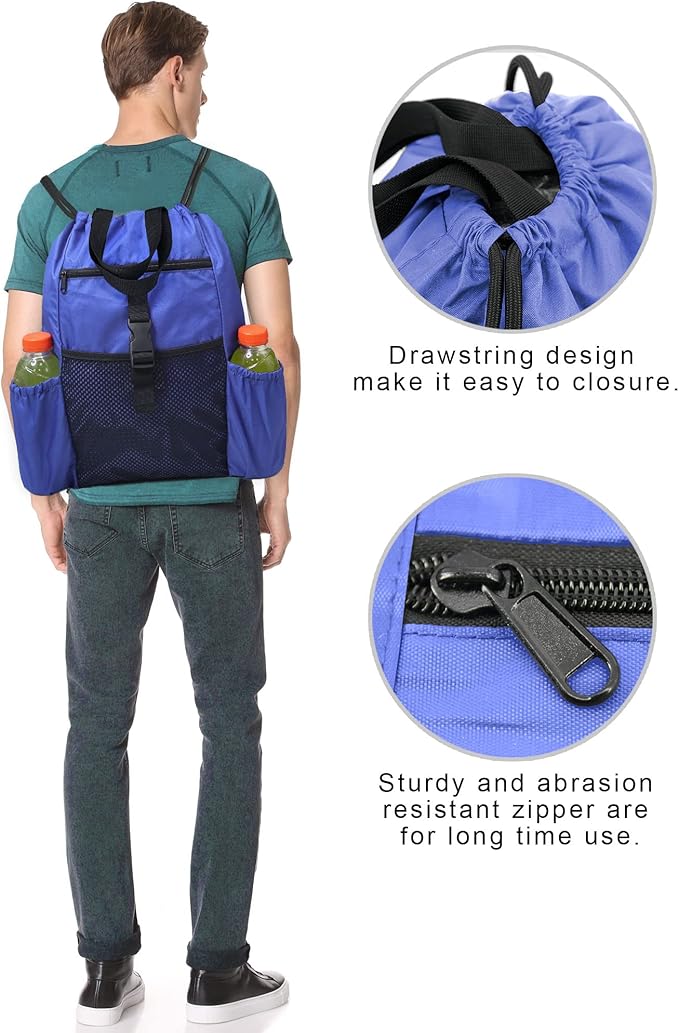 BeeGreen Drawstring Backpack Sports Gym Bag With Shoe Compartment and Two Water Bottle Holder …