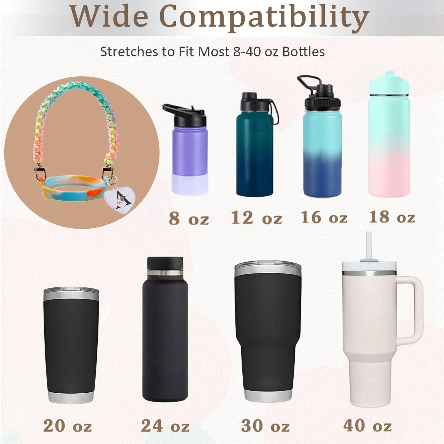 Water Bottle Handle - Personalized Name Initial A-Z Water Bottle Sling, Holder, Lanyard, Carrier,Holder with Strap - Fits Most 8-40oz Water Bottles - Compatible Stanley Cup Accessories (V, Rainbow)