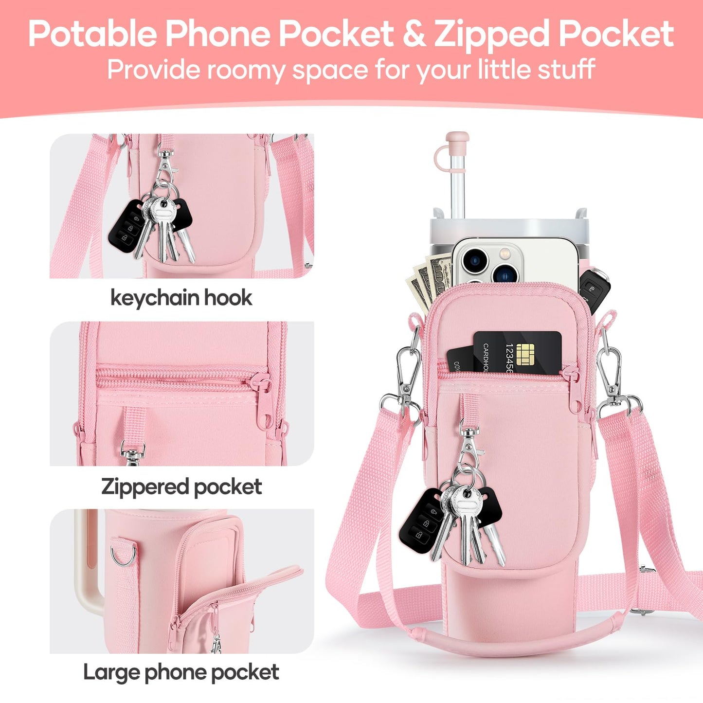 linmaya Water Bottle Carrier Bag with Phone Pocket for Stanley 40/30 oz Tumbler Neoprene Water Bottle Holder Pouch with 2 Adjustable Strap & 3 Leak Stoppers for Stanley Cup Accessories