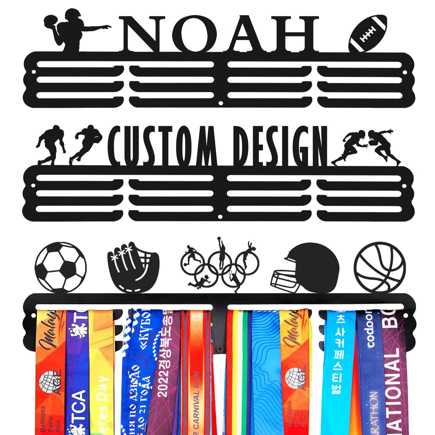 Personalized Medal Hanger with Name Multi Sport Race Medal Holder Display Rack for Awards Ribbons - Easy to Install Custom Metal Holder - Holds Up to 60 Medals - Shoulder Bag Hanger Towel Rack