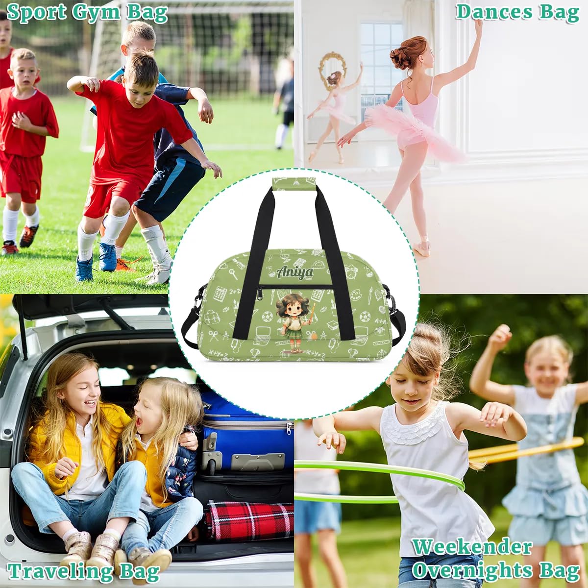 Personalized Gym Bag for Kids Girls, Cartoon Girl Pencil Custom Small Duffel Bag with Padded Handles Carry On Weekend Travel Bag for School Practice Ball Games