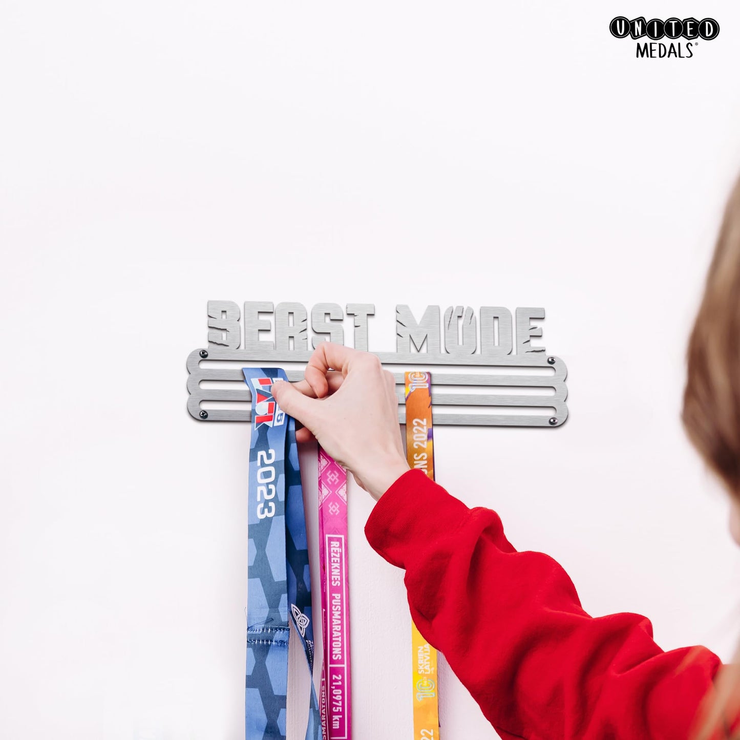 Sports Medal Hanger Display Race BEAST MODE | Brushed steel Race Medal Holder Awards Wall Mount | Running Marathon Race Medal Display for Wall | Steel medal holder for wall holds up to 30 Medals