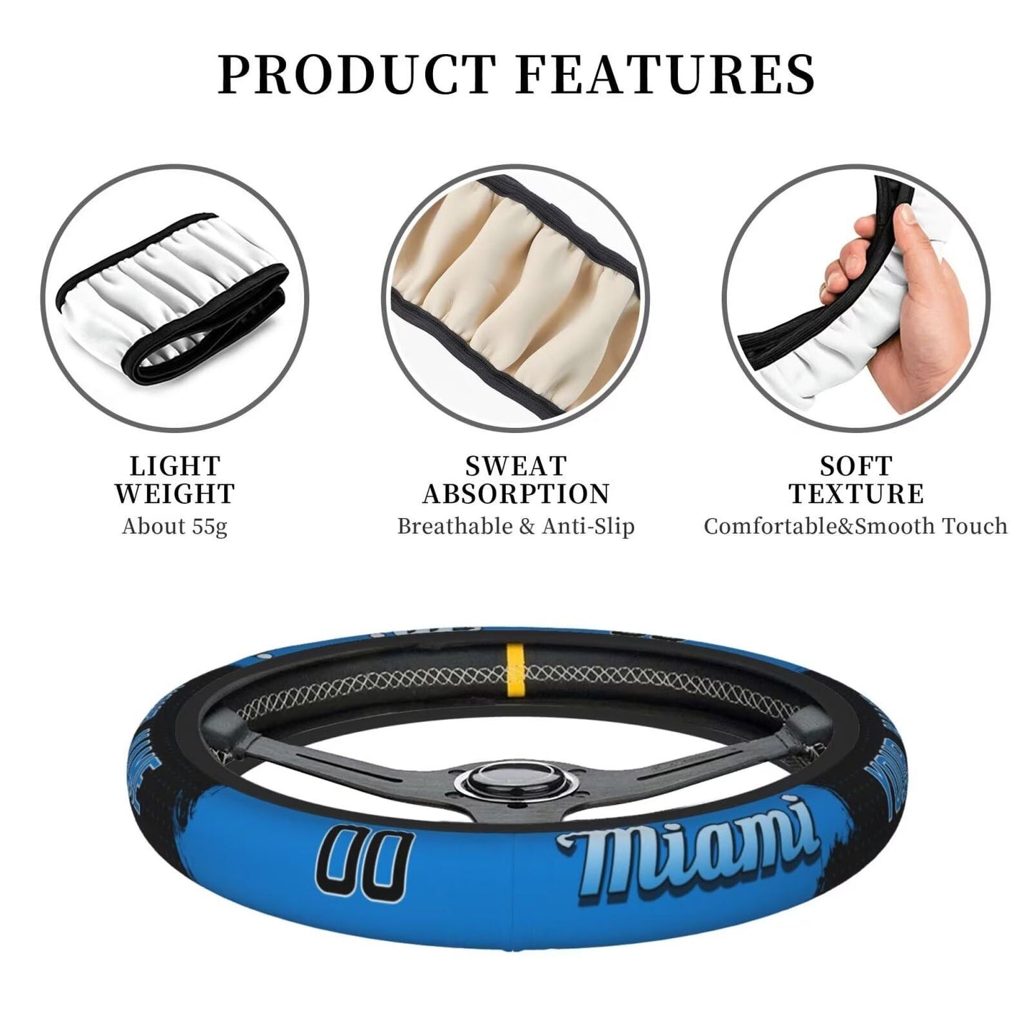 GENERIC Miami Custom Car Steering Wheel Covers,Personalized Name and Number,Anti Slip Elasticity Baseball Car Accessories,Universal 15 Inch Fit Suit for Most Car,SUV,ATV,Truck.