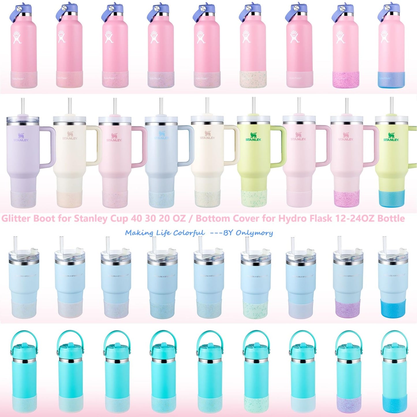 Silicone Boots for Stanley Cup 20-40 OZ, Glitter Boot for Stanley IceFlow 20 30 OZ, Bottom Protector Sleeve for Hydroflask 12-24 OZ Sports Water Bottle Boot Accessories (Clear Ocean)