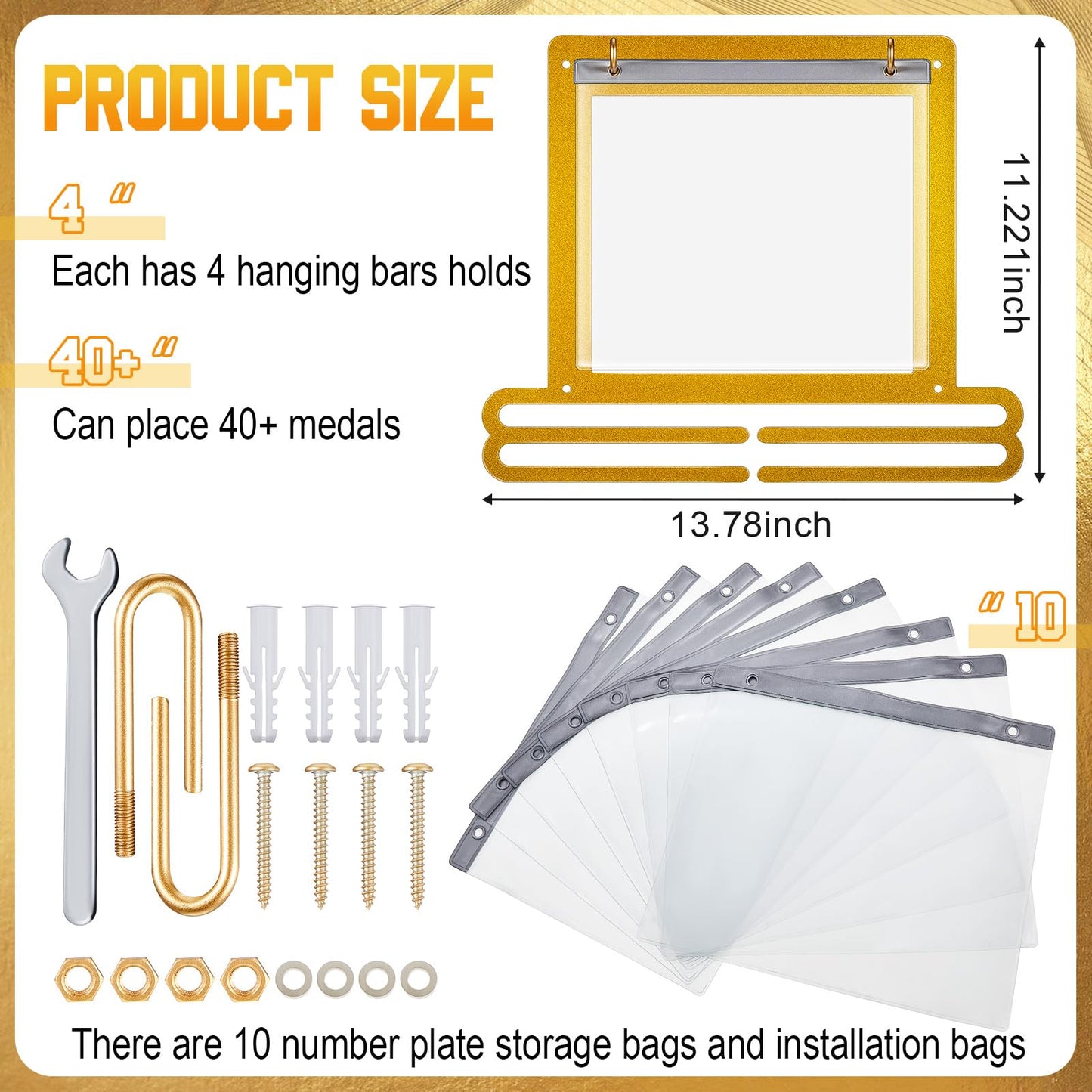 Moxweyeni Race Medal and Bib Display Medal Hanger Running Bib and Medal Holder Wall Mounted Hanging Medal Rack Holders with Bib Holder Gifts for Runners, 13.78 x 11.22 Inch (Gold)