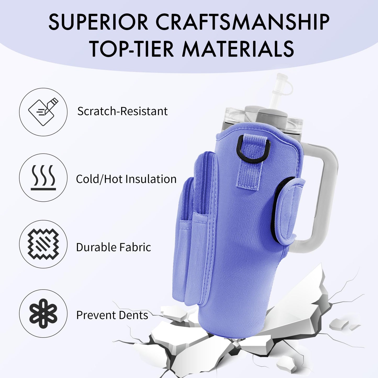 JEBEALUO Water Bottle Carrier Bag with Phone Pocket for Stanley Cup 40/30 oz, Water Bottle Holder with Adjustable Strap& Straw Cover, Stanley Cup Accessories (Violet)