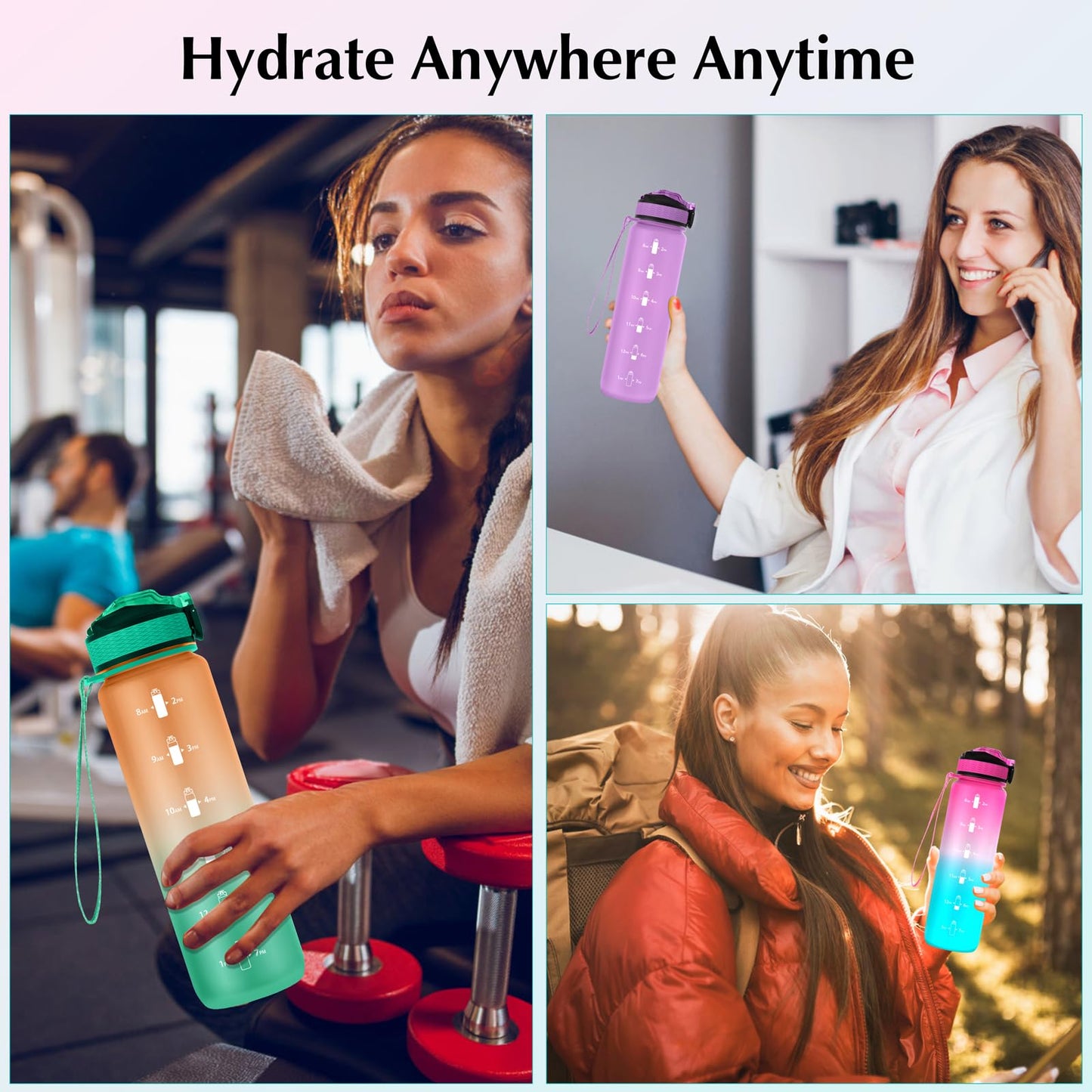 EYQ 32 oz Water Bottle with Time Marker, Carry Strap, Leak-Proof Tritan BPA-Free, Ensure You Drink Enough Water for Fitness, Gym, Camping, Outdoor Sports (Orange/Green Gradient)