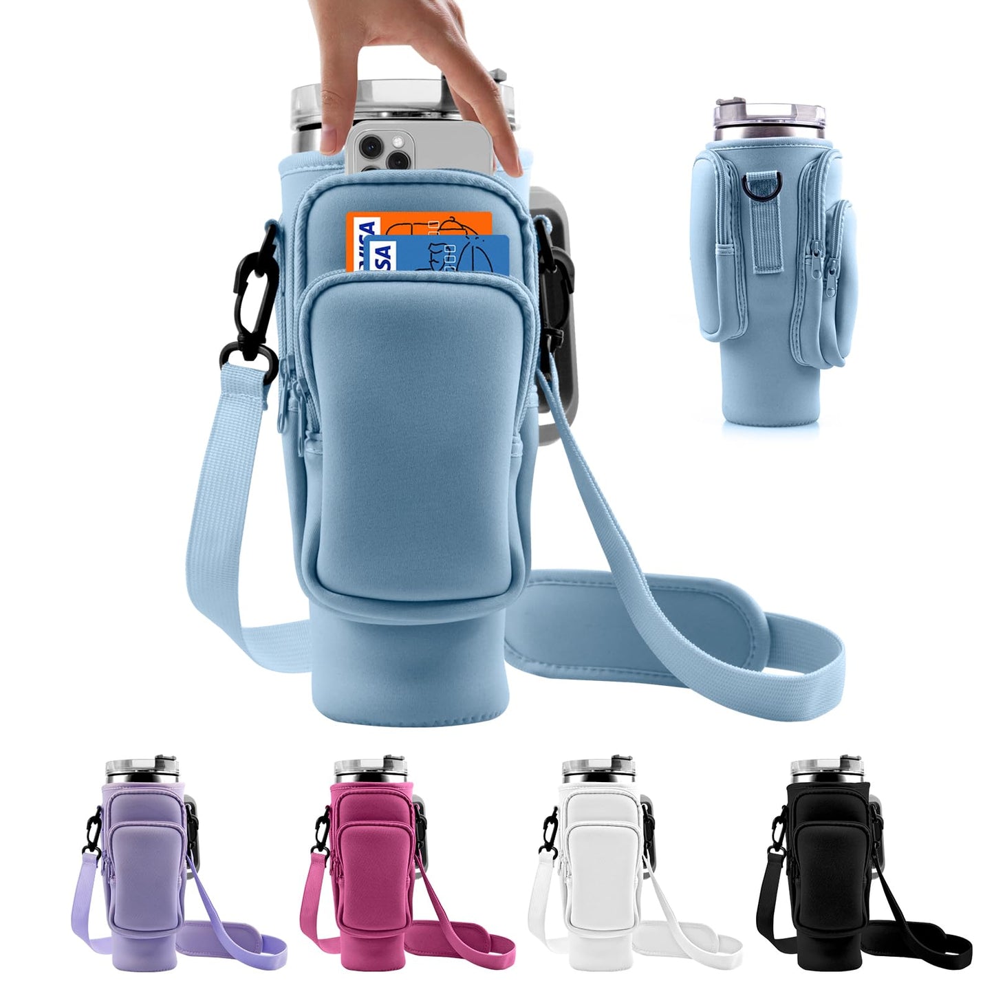 WNGERGOU Water Bottle Carrier Bag with Phone Pocket for Stanley, Water Bottle Holder with Strap for Stanley Accessories 40 oz, Stanley Cup Accessories Total 3 Pockets, Stanley Cup Bag (Blue)