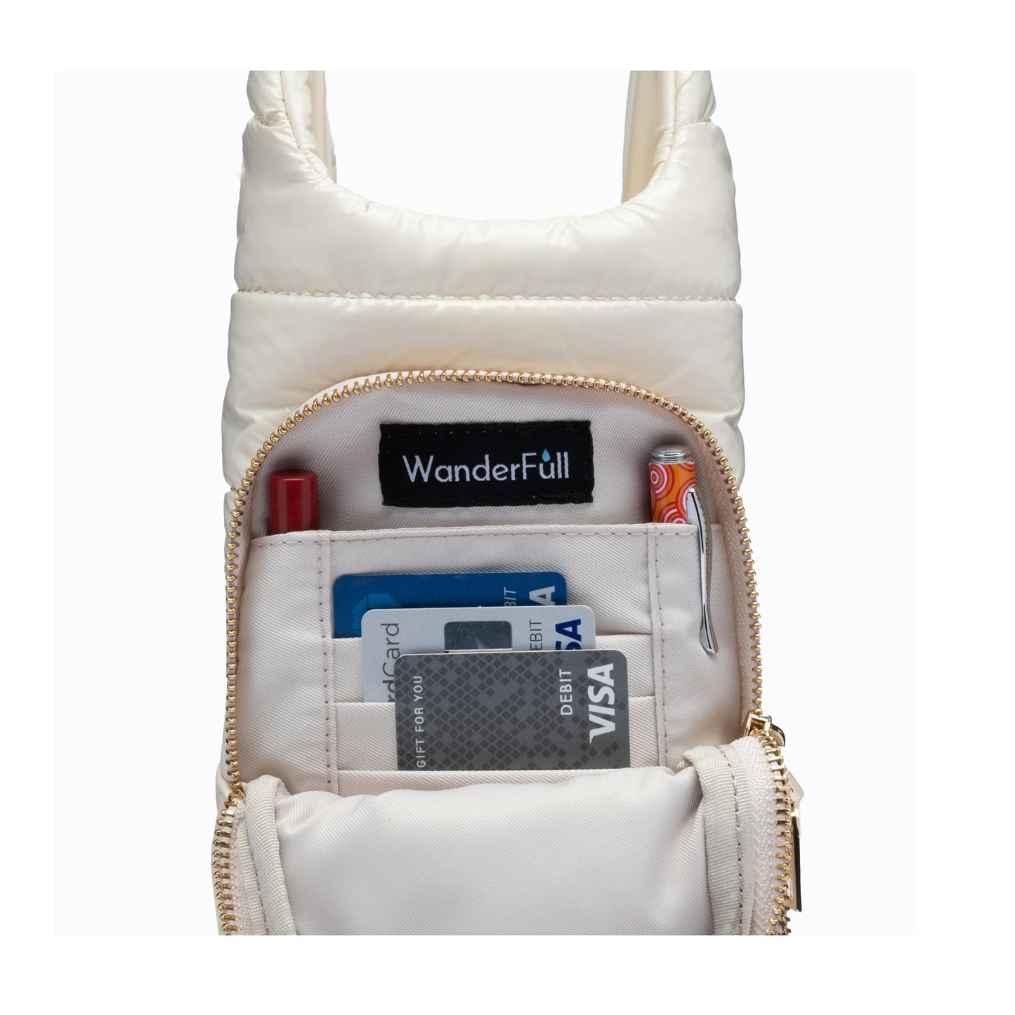 WanderFull Original Crossbody HydroBag | Quilted Water Bottle Carrier & Adjustable Strap | Puffer Tote with Two Pockets for Phone & Accessories | Carry Travel Essentials (Ivory Glossy/Patterned Strap)