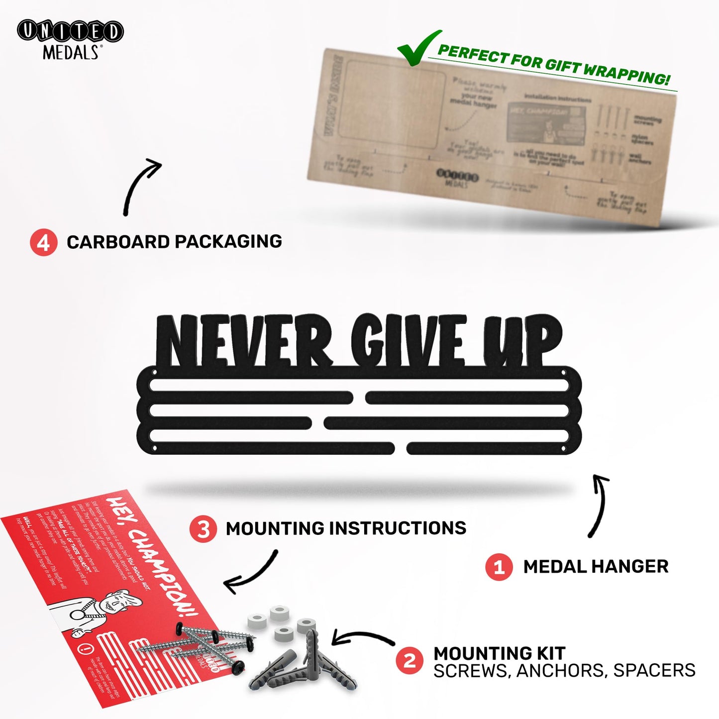 Sports Medal Hanger Display Race NEVER GIVE UP | Black Race Medal Holder Awards Wall Mount | Running Marathon Race Medal Display for Wall | Steel medal holder for wall holds up to 30 Medals
