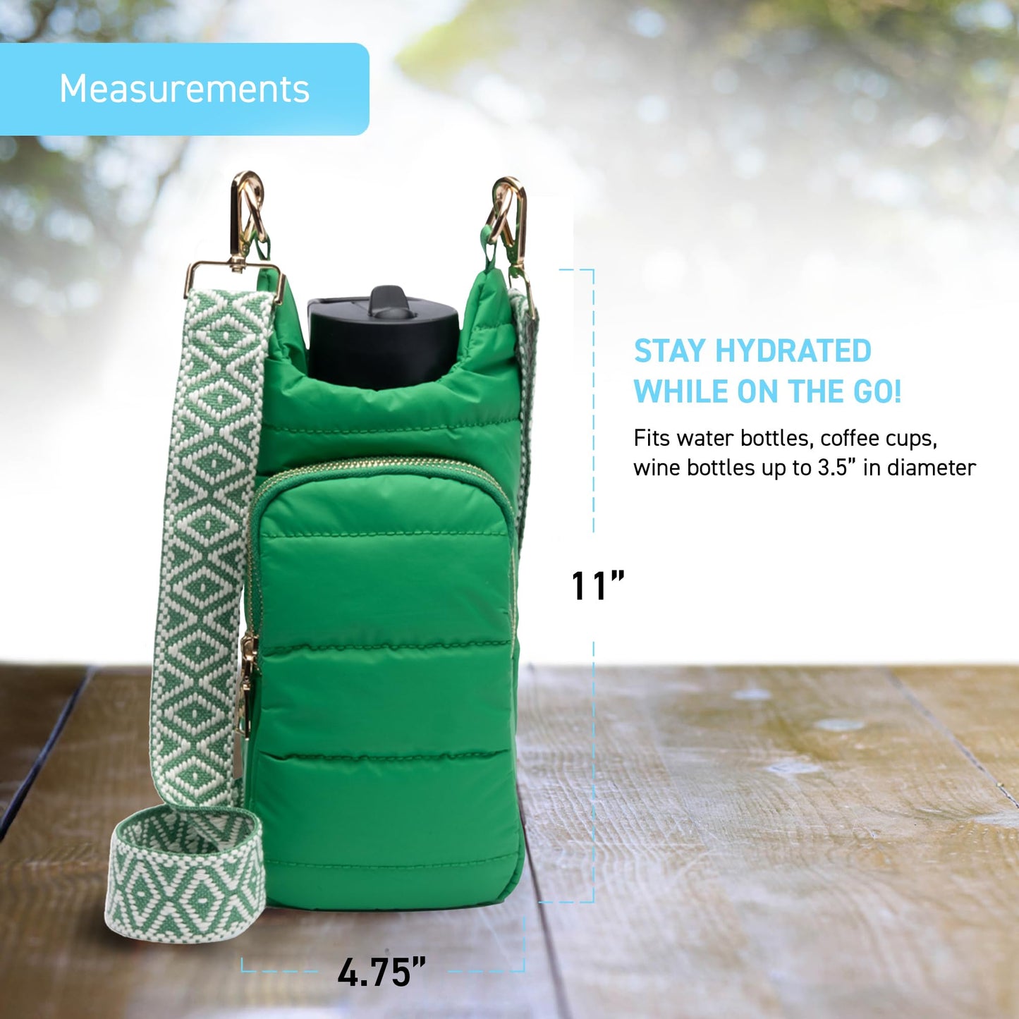 WanderFull Original Crossbody HydroBag | Quilted Water Bottle Carrier | Puffer Tote Tumbler Holder with Pockets for Purse, Phone & Accessories | Carry Travel Essentials (Green/Patterned Strap)