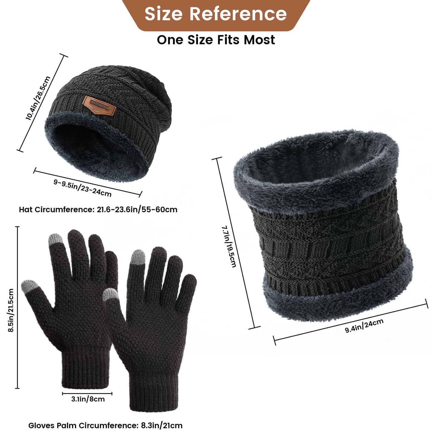 Winter Hat Beanie Circle Scarves Touchscreen Gloves Set, Warm Clothes Set with Knit Fleece Lined Skull Cap Gloves Neck Warmer for Men Women, Dark Grey