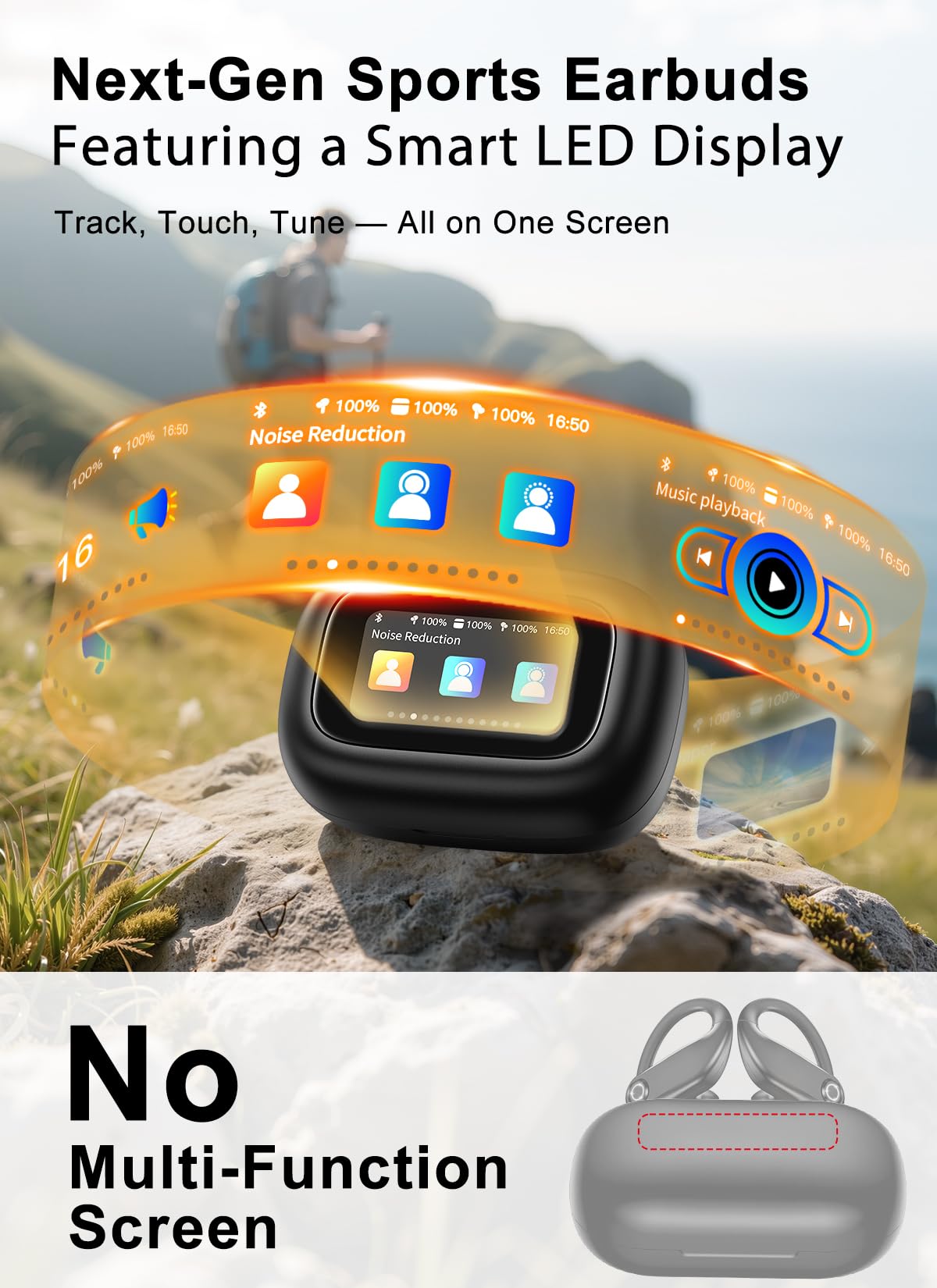 jaddsa Wireless Earbuds, ANC Noise Cancelling Sport Ear Buds with Multifunctional Touch Screen, Bluetooth 5.4 Headphones, Bass Stereo Sound, 5 EQ Over The Ear Earbuds for Sports/Workout/Gym-Black