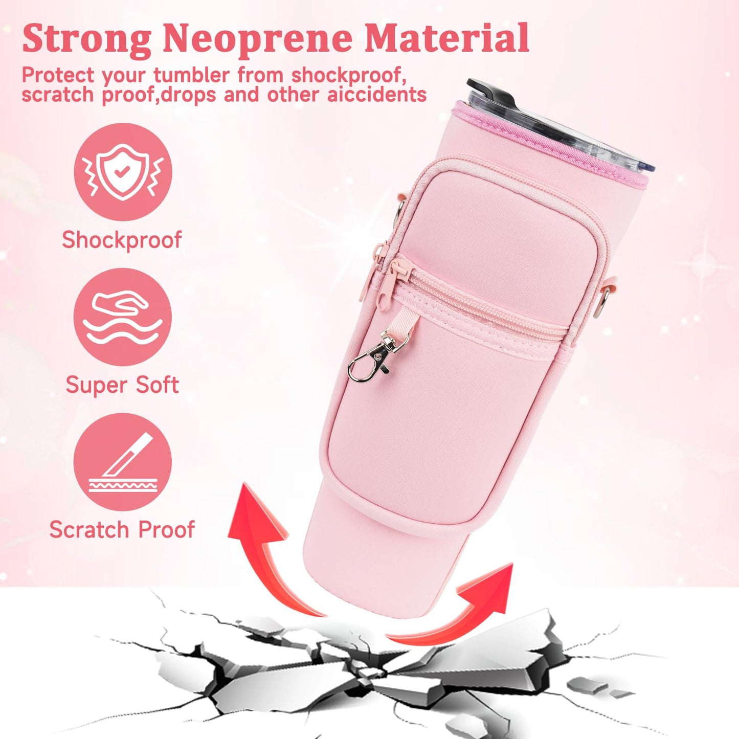 Water Bottle Carrier Bag with Phone Pocket Compatible with Stanley/Meoky 40 oz Tumbler with Handle,Neoprene Water Bottle Holder Pouch with Adjustable Strap Compatible with Stanley Cup Accessories,Pink