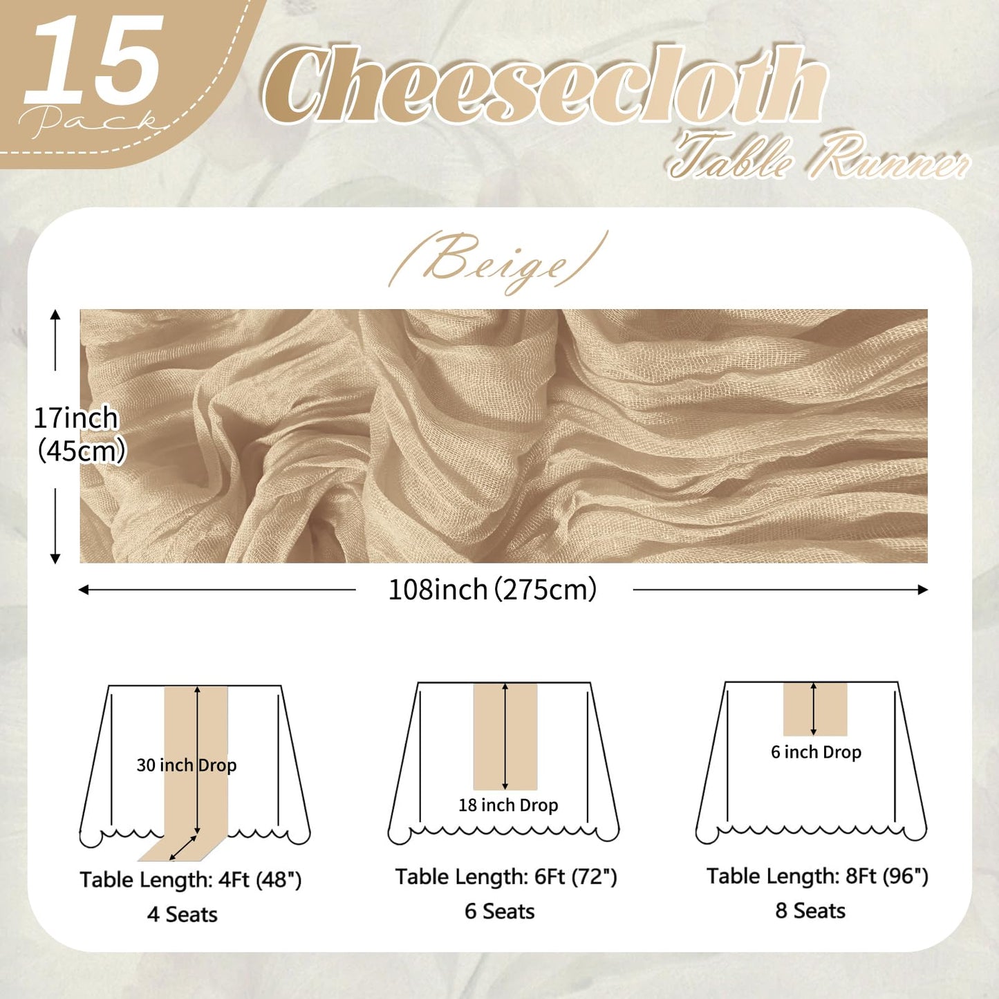 15 Pack Beige Cheesecloth Table Runner 17 x 108 inch Cheese Cloth Table Runners 9ft Beige Table Runner Rustic Romantic Sheer Gauze Runner for Wedding Party Baby Shower Table Decoration