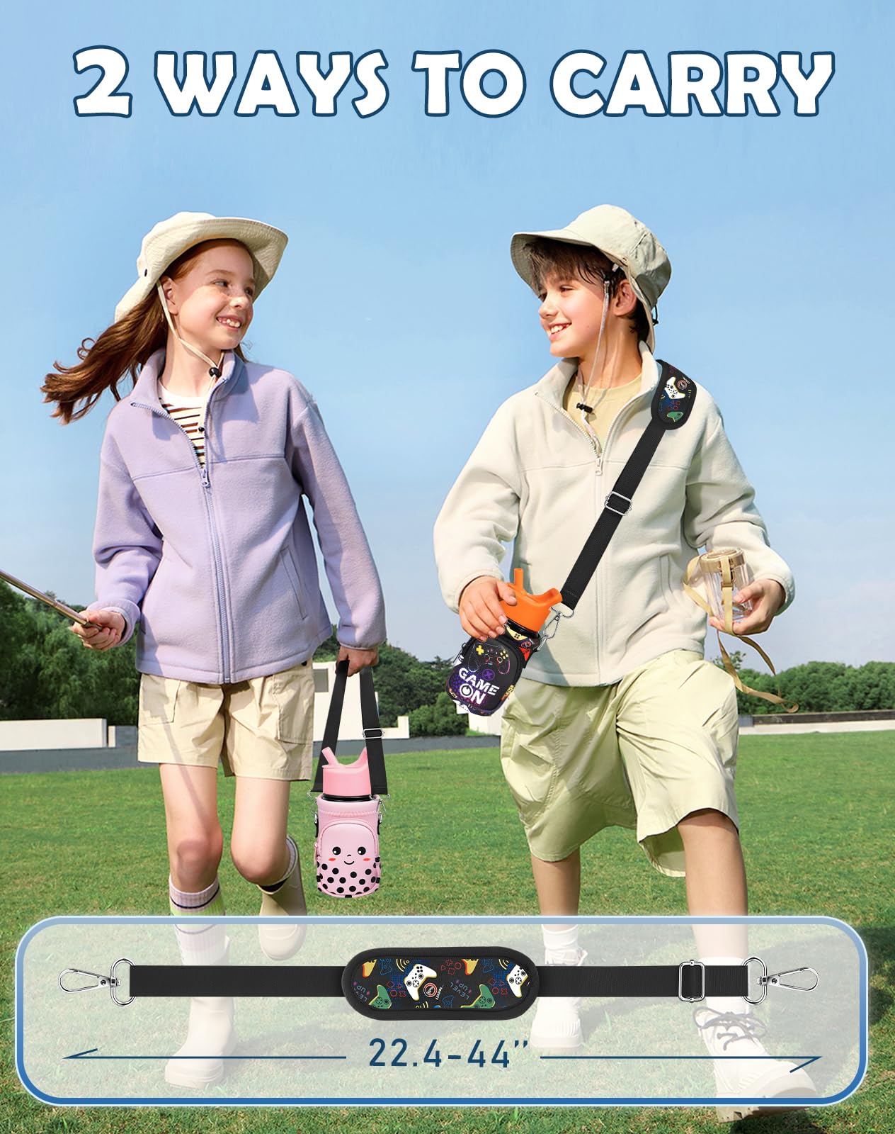 Miss Adola Water Bottle Carrier with Strap Cartoon Water Bottle Bags Holder for Kids Boys Girls Neoprene Insulated Bottle Bag for 10/12/14/16/18Oz Stainless Steel Glass Bottles Sleeve, Black Game On