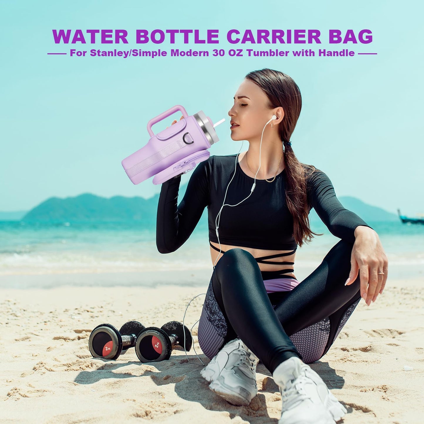 BULKITEM 30oz Water Bottle Carrier Bag with Phone Pocket for Purple Stanley 30 oz Tumbler with Handle, Purple Insulated Neoprene Cup Holder Pouch Strap for Orchid Stanley Cup Accessories