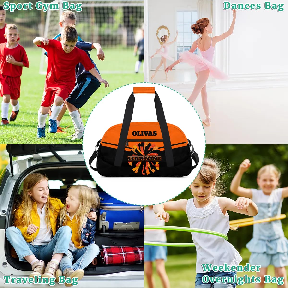 Personalized Cheerleader Bag Dance Bag for Girl, Custom Team Bag Gym Bag Sport Duffel Bag, Weekender Bags Travel Bag for Cheer Team Black Orange Glitter Glam