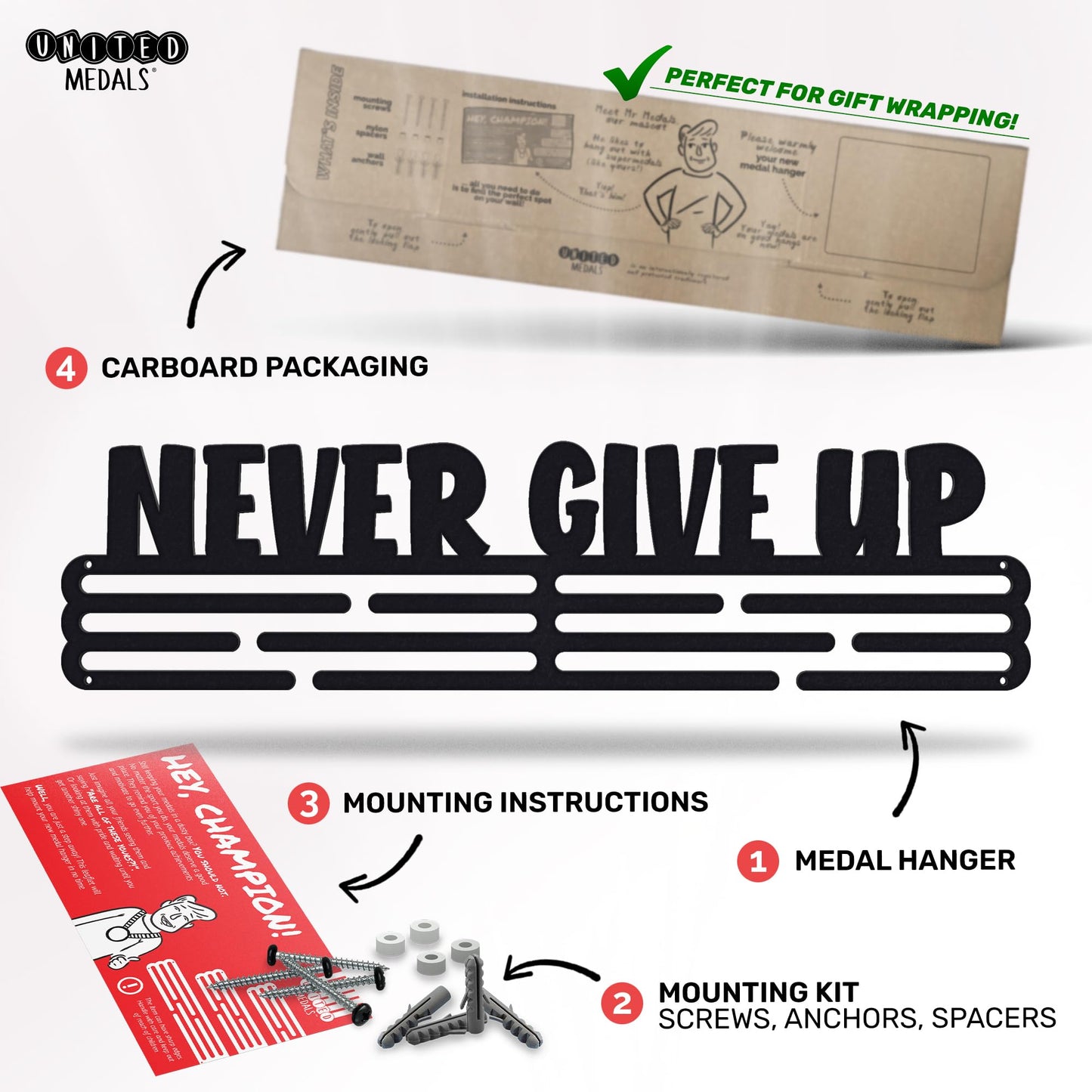 Sports Medal Hanger Display Race NEVER GIVE UP | Black Race Medal Holder Awards Wall Mount | Running Marathon Race Medal Display for Wall | Steel medal holder for wall holds up to 48 Medals
