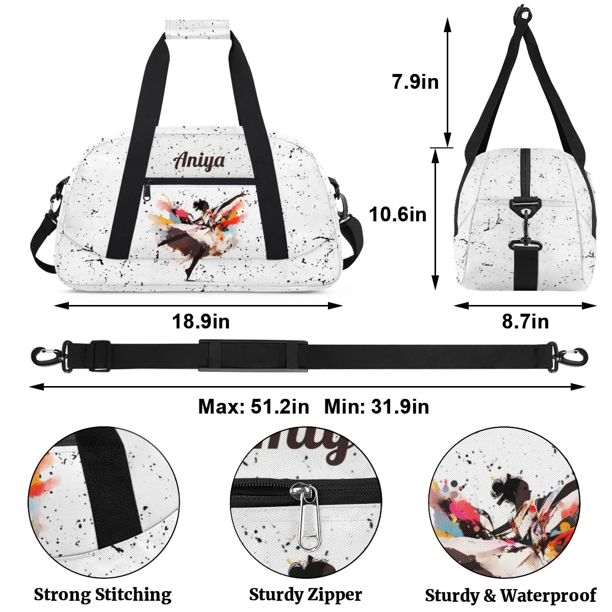 Personalized Gym Bag for Kids Girls, Black Girls Dance Custom Small Duffel Bag with Padded Handles Carry On Weekend Travel Bag for School Practice Ball Games
