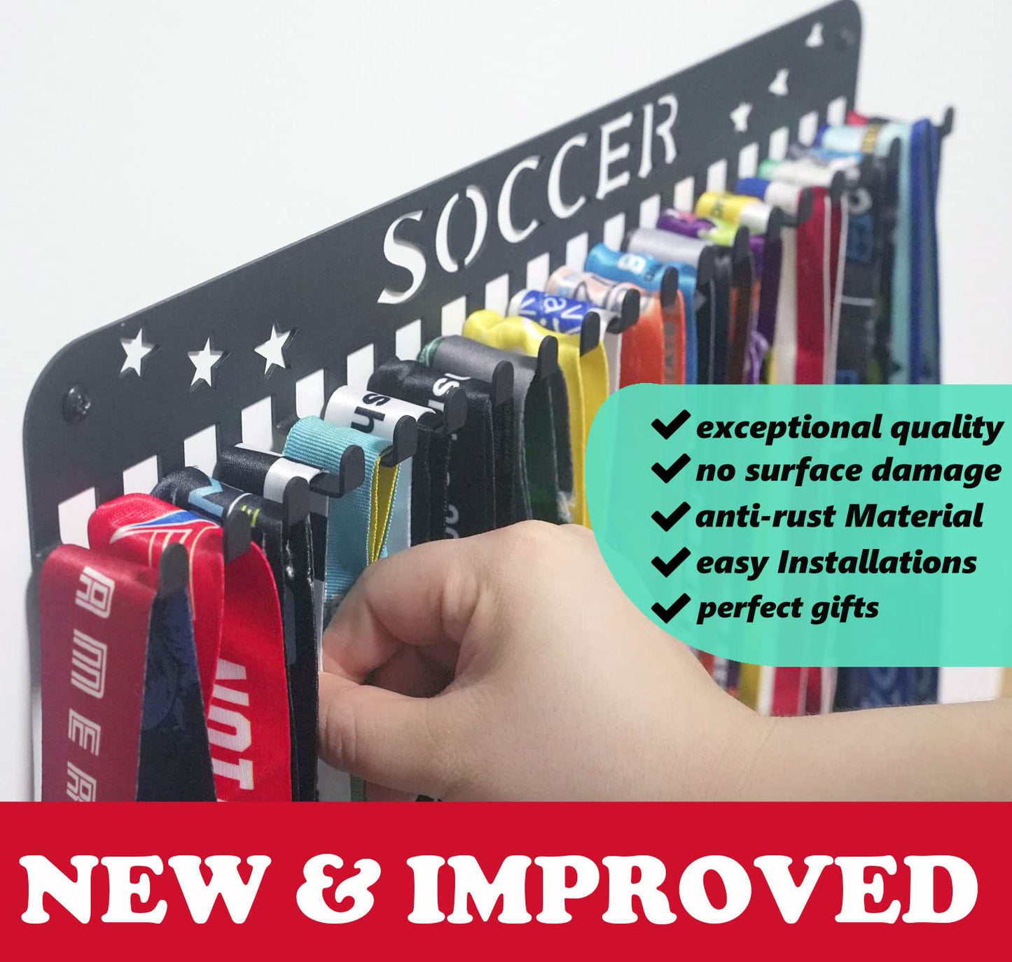 Soccer Sports Medal Holder Hanger Display Rack with 20 Hooks,Soccer Medal Holder For Wall with 16inchL,sports medal hanger display Upgraded Soccer Medal Holder with Simple Design For Girls & Boys