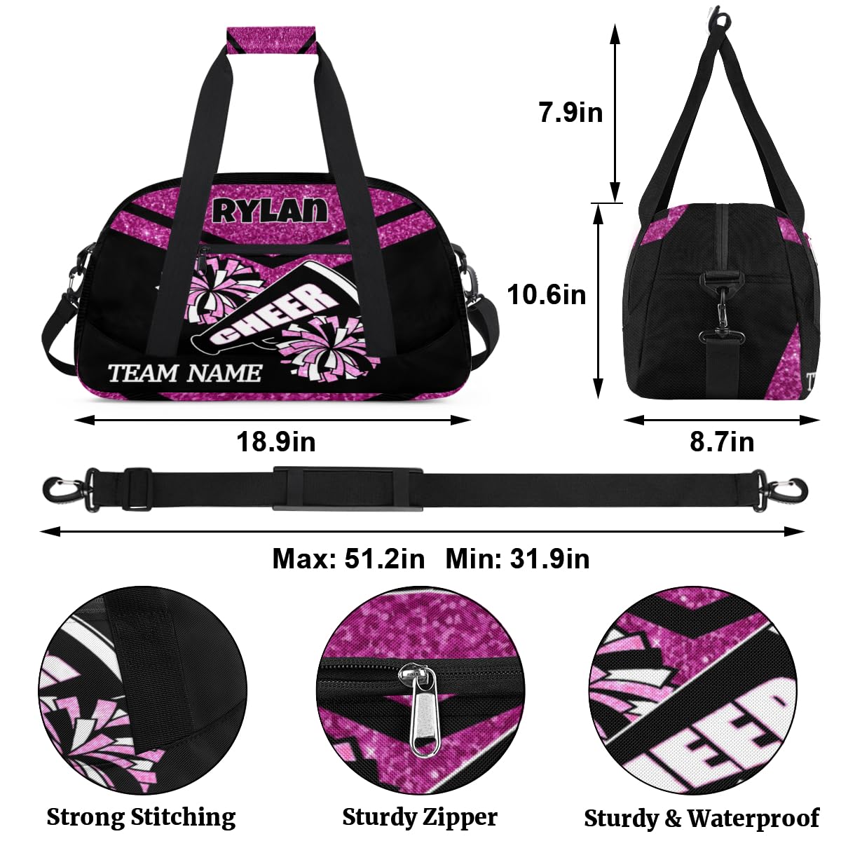 Voloreju Personalized Name Glitter Cheer Bags for Girls Boy Customize Travel Duffle Bag Foldable Sports Bag Kids Gym Bag