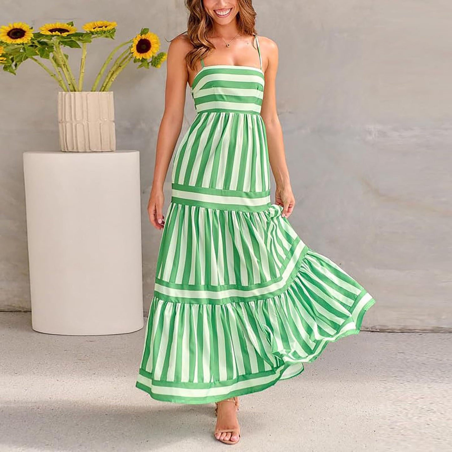 Generic Women Cute Print Maxi Cami Dress Loose Sleeveless Spaghetti Strap Boho Dress Flowy Graffiti Long Aline Sun Dress(A-Green,Large)