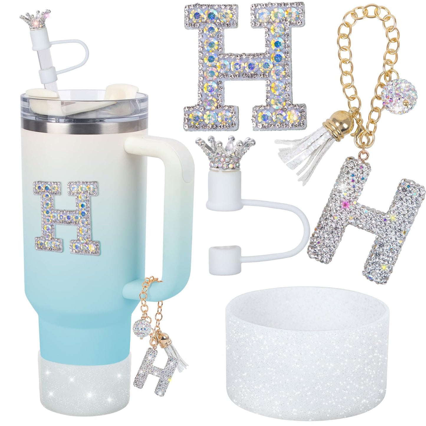 Letter Charms for Stanley Cup Handle,Silicone Boot Accessories Charms for Stanley Cup 40oz 30oz,Crown Straw Cover Topper & Diamond Sticker(H)