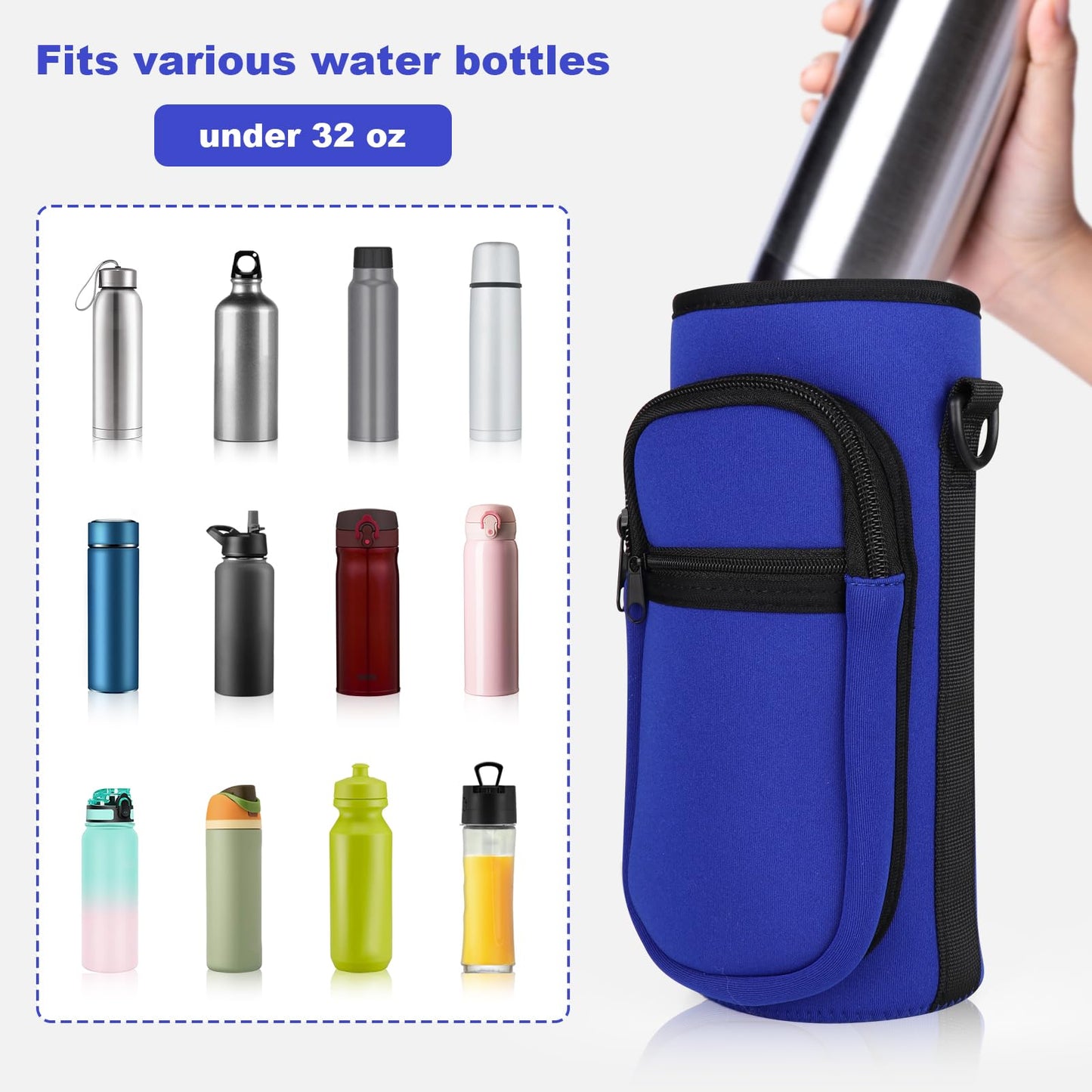 Bstge Water Bottle Holder with Strap, Water Bottle Carrier Bag with Phone Pocket, Shoulder Hand Strap Insulated Neoprene 32 oz Water Bottle Sleeve for Walking Hiking Camping Gym(Blue)