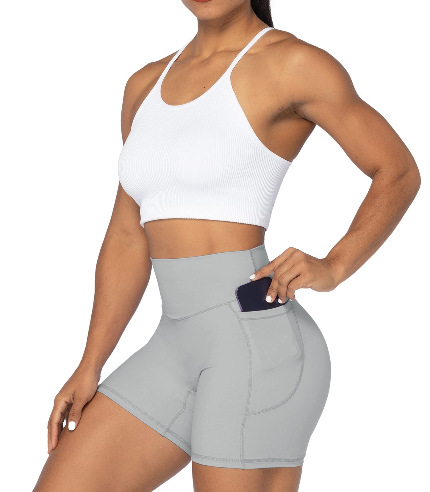 Sunzel No Front Seam Biker Shorts for Women with Pockets, Yoga Workout Gym Bike Shorts with Tummy Control 5" Grey X-Small
