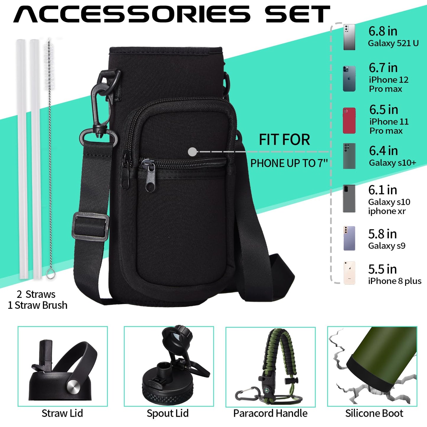 40OZ Water Bottle Stainless Steel - Cold-48H & Hot-24H Vacuum Insulated Water Bottle with Straw & Chug Lid, Strap Carrying Pouch, Paracord Handle & Flask Boot, Thermo Hydro Bottle for Hiking Cycling
