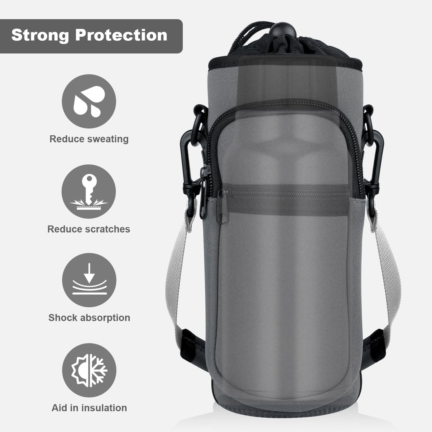 Bstge Water Bottle Holder with Strap, Water Bottle Carrier Bag with Phone Pocket, Shoulder Hand Strap Insulated Neoprene 32 oz Water Bottle Sleeve for Walking Hiking Camping Gym(Gray)