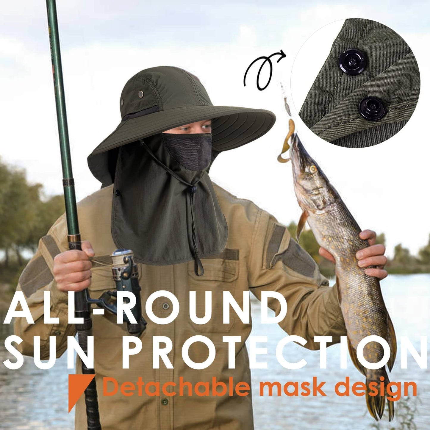 HEEHIPOO Mens Women Fishing Hat UPF 50+ Wide Brim Sun Hat with Face Cover & Neck Flap Green