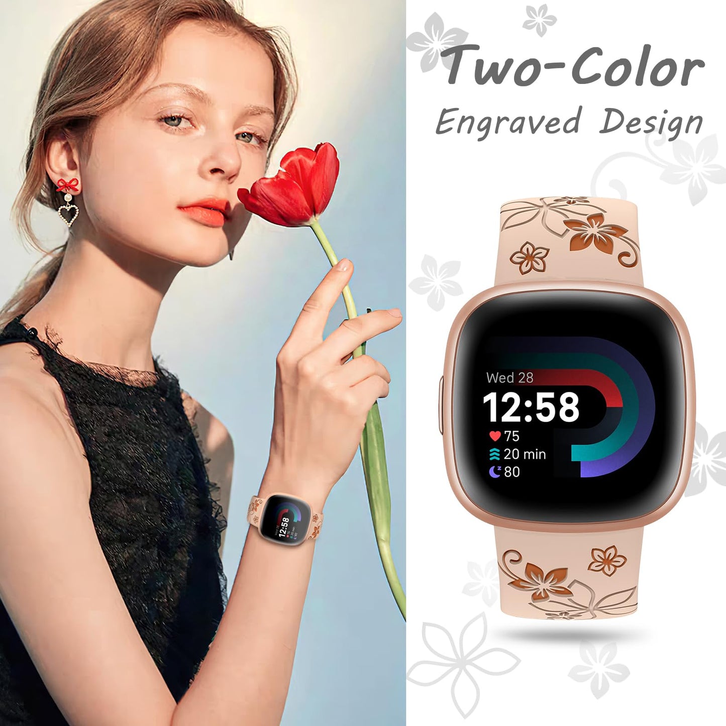OHOTLOVE Floral Engraved Bands Compatible for Fitbit Sense Bands/Fitbit Versa 3 Bands Women/Fitbit Versa 4 Bands/Sense 2 Bands,Soft Cute Two-Tone Flower Sport Watch Strap Replacement Wristbands.D