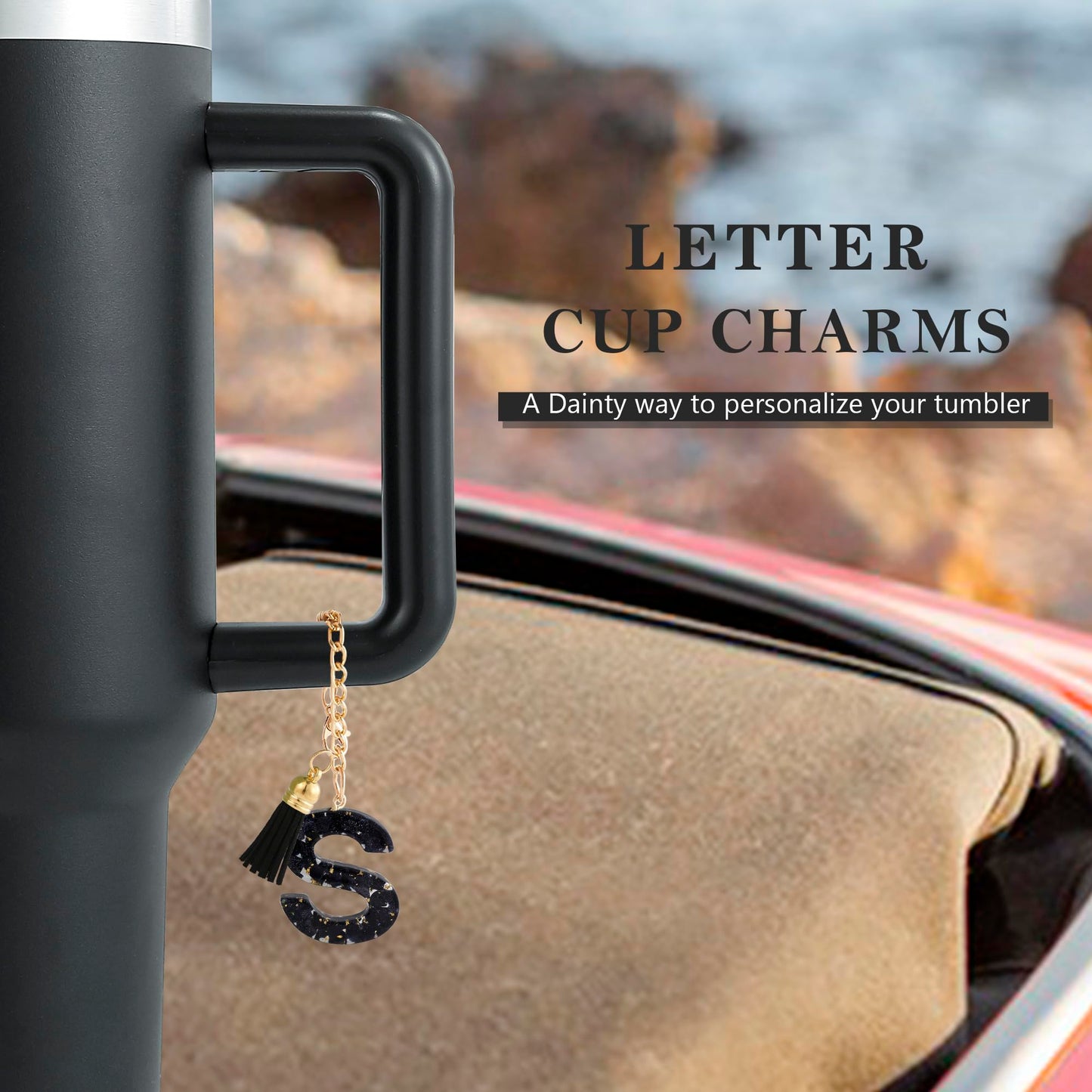 Letter Charm Accessories for Stanley Cup 1 PCS Cute Initial Keychain Handle Charm for Stanley Tumbler for Women Black Letter S