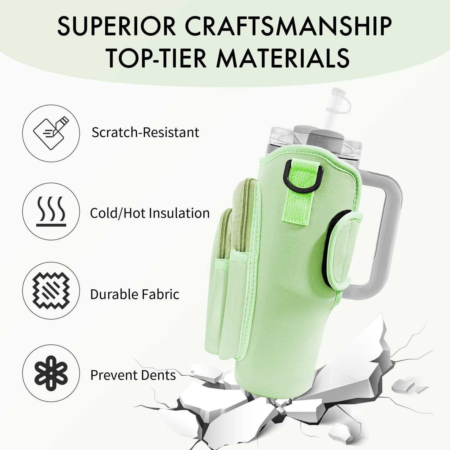 JEBEALUO Water Bottle Carrier Bag with Phone Pocket for Stanley Cup 40/30 oz, Water Bottle Holder with Adjustable Strap& Straw Cover, Stanley Cup Accessories (Mint Green)