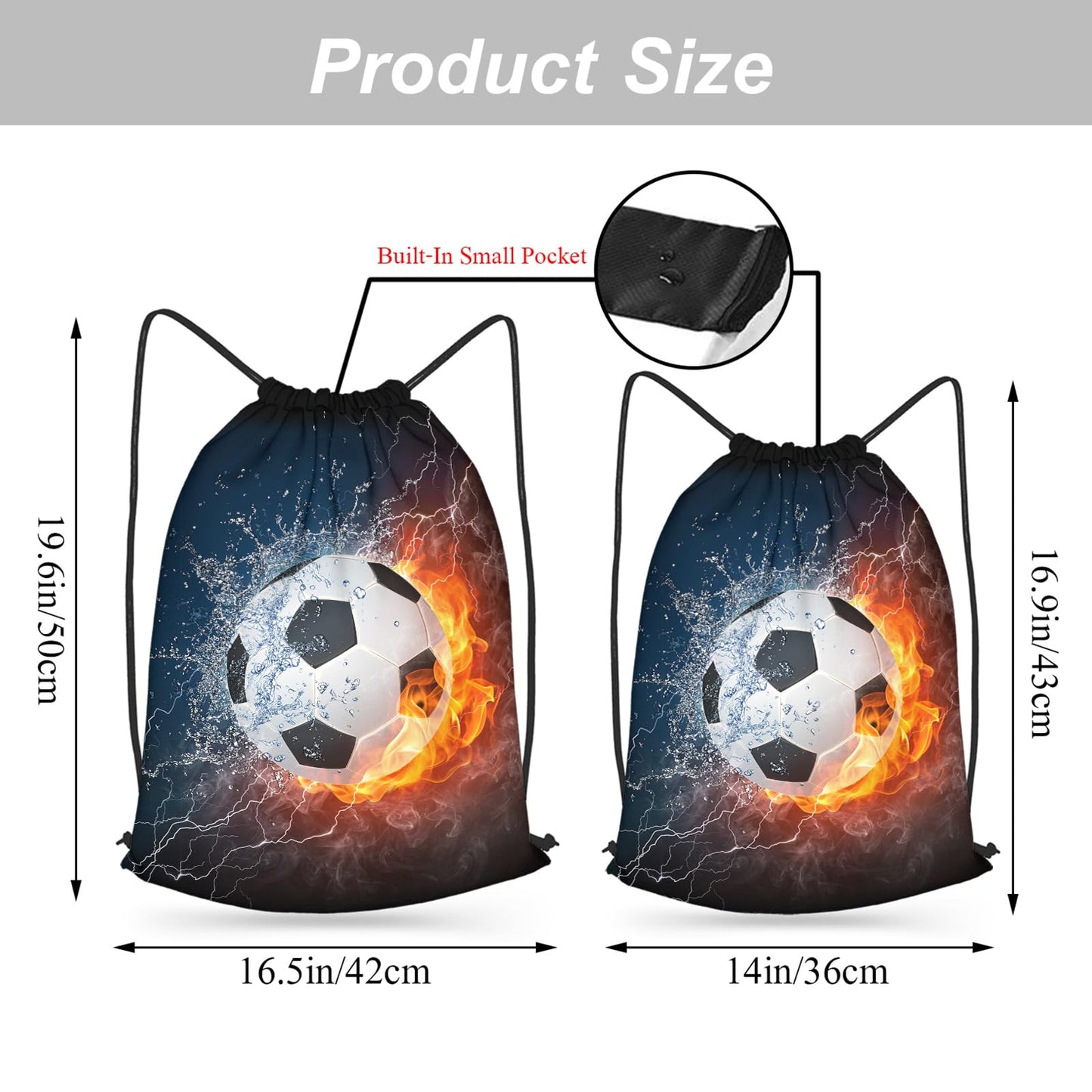 Zautey Soccer Drawstring Bag Fire Water Enveloped Sport Soccer Backpack Bag Sports Drawstring Sackpack String Bag for Men Women