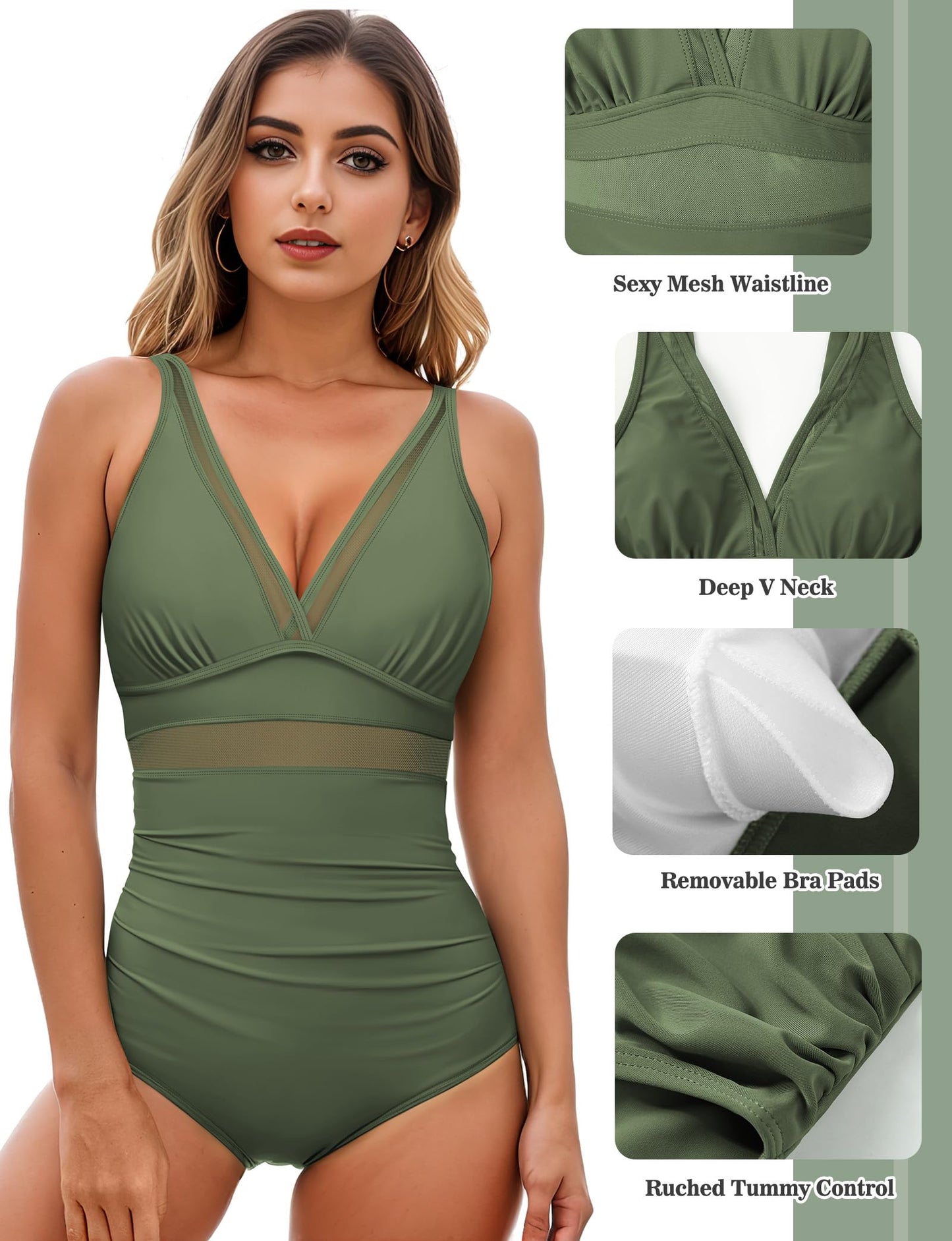 Buauty Womens One Piece Swimsuits Tummy Control Bathing Suits Mesh swim suits full coverages hapewea swimsuits for Women 2024 Army Green