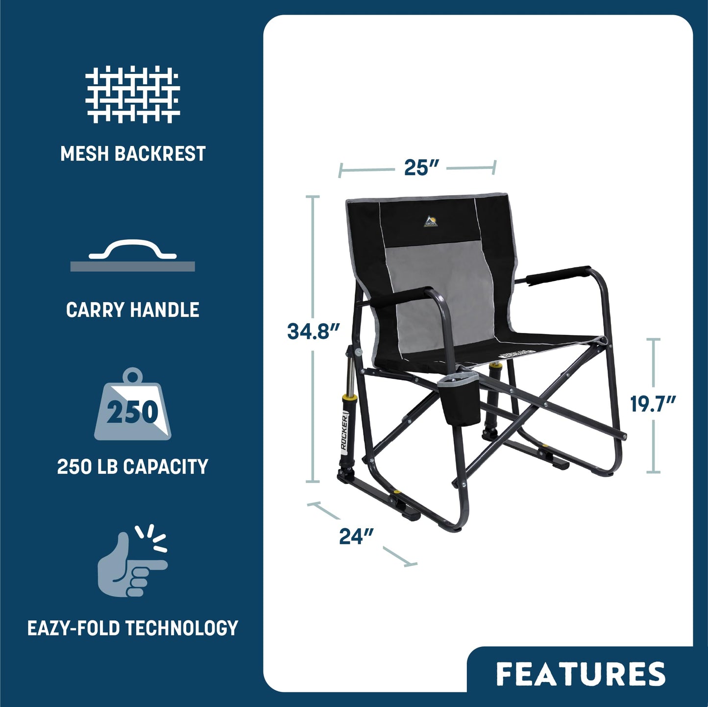 GCI Outdoor Freestyle Rocker Camping Chair | Portable Folding Rocking Chair with Solid, Durable Armrests, Drink Holder & Comfortable Backrest — Royal Blue