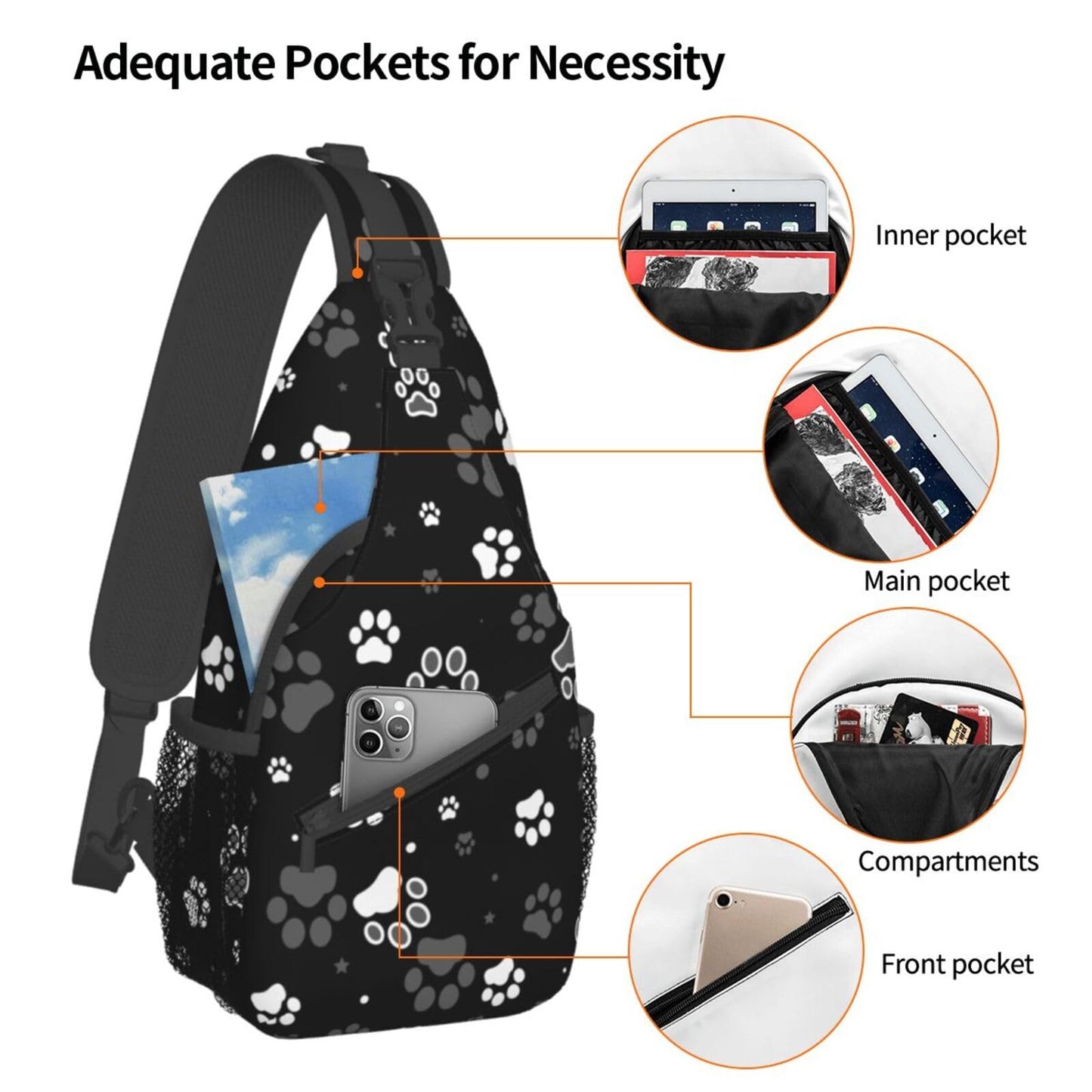 NISENASU Paw Print Sling Bag Crossbody Backpack,Dog Paw Print and Star on Black Background Chest Bag Adjustable Casual Shoulder Backpack Cute Animal Footprint Travel Hiking Daypack
